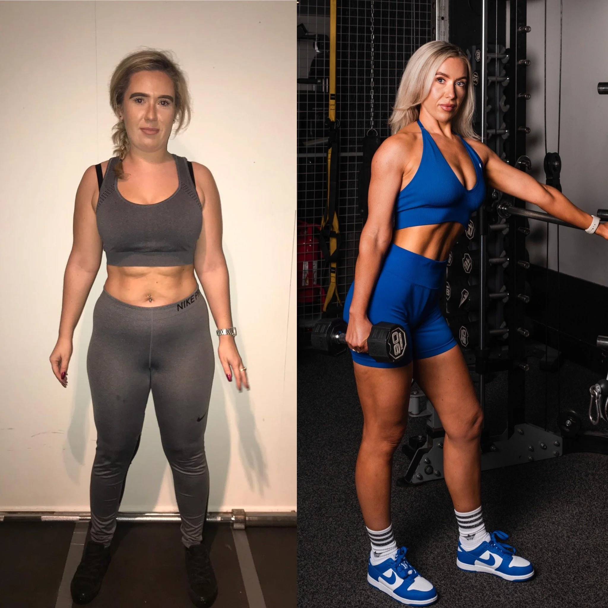 Before and after fitness transformation photos of a woman in workout attire. The first photo shows her in a gray Nike sports bra and matching leggings, standing against a plain background. The second photo shows her in a blue sports bra and shorts, h