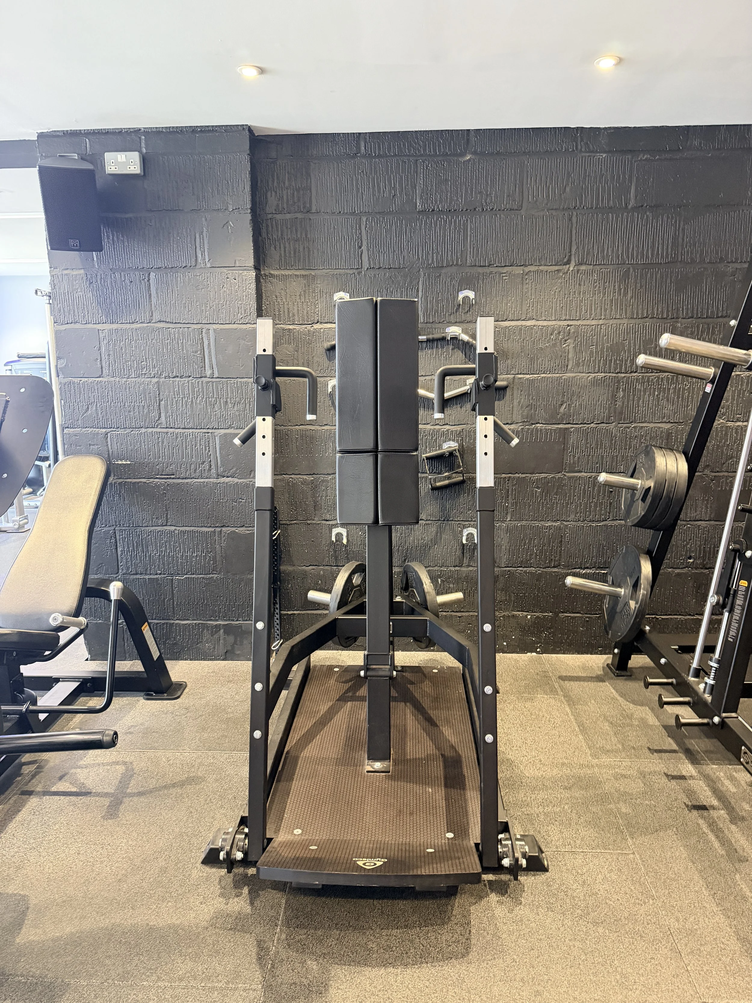 A gym workout machine with a black padded backrest and handles, positioned against a black painted brick wall.