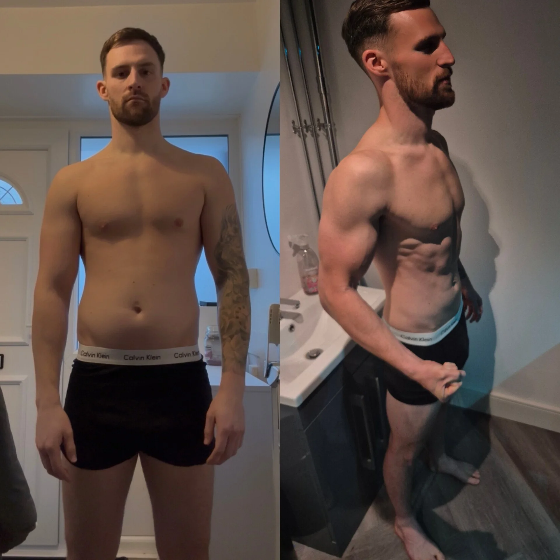 Side-by-side images of a shirtless man with tattoos, black underwear with Calvin Klein branding, and muscular build. The left image shows him standing and facing forward in a well-lit room, possibly a home interior. The right image shows him in profi