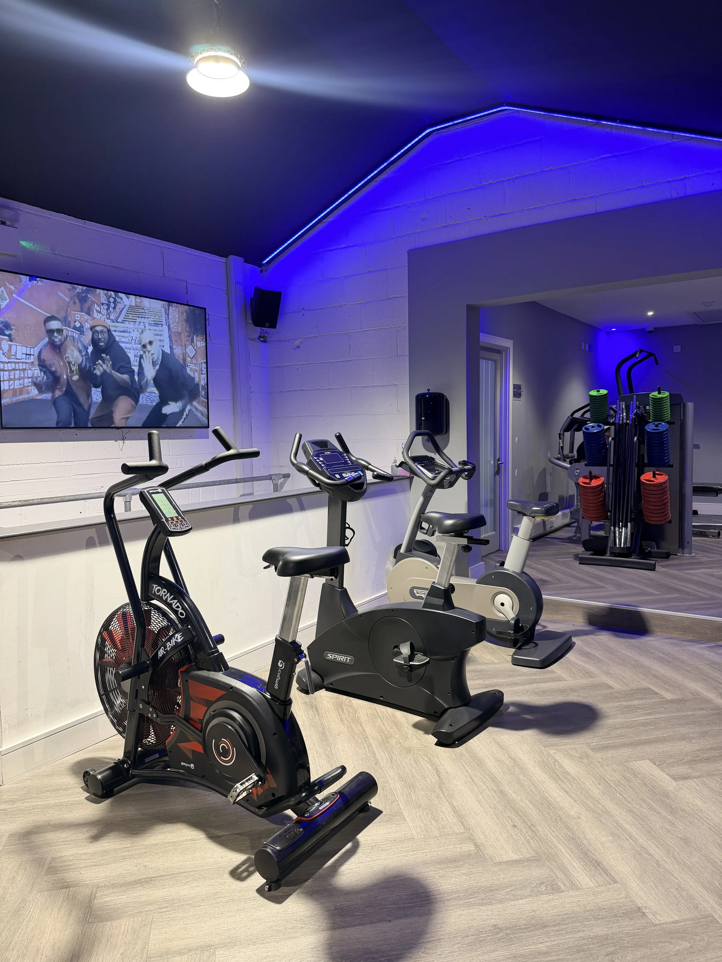 Indoor fitness room with exercise equipment including a treadmill, stationary bike, and weight rack with colorful weights, illuminated by blue LED lights and a TV on the wall.