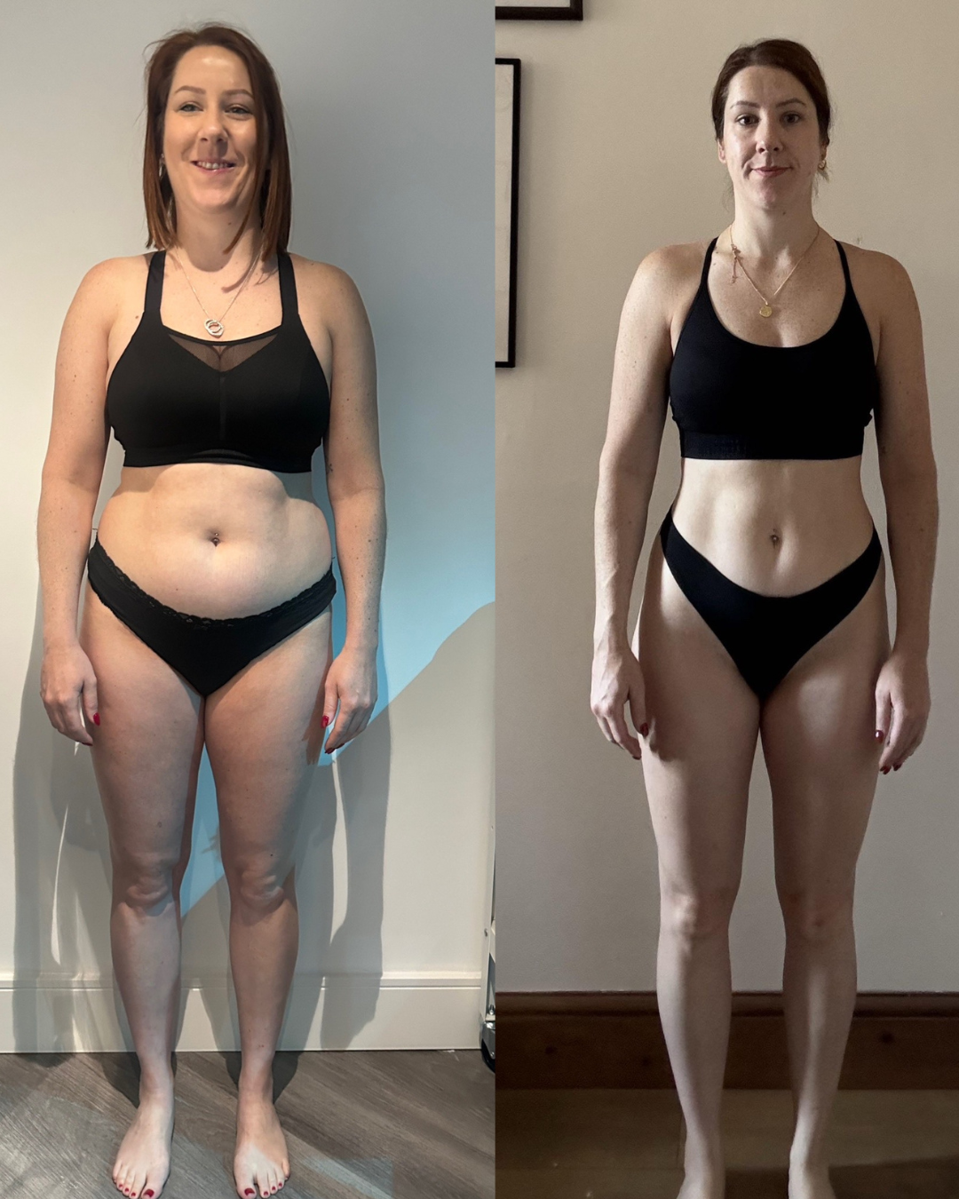 Before and after photo of a woman in black workout clothes, showing weight loss progress.