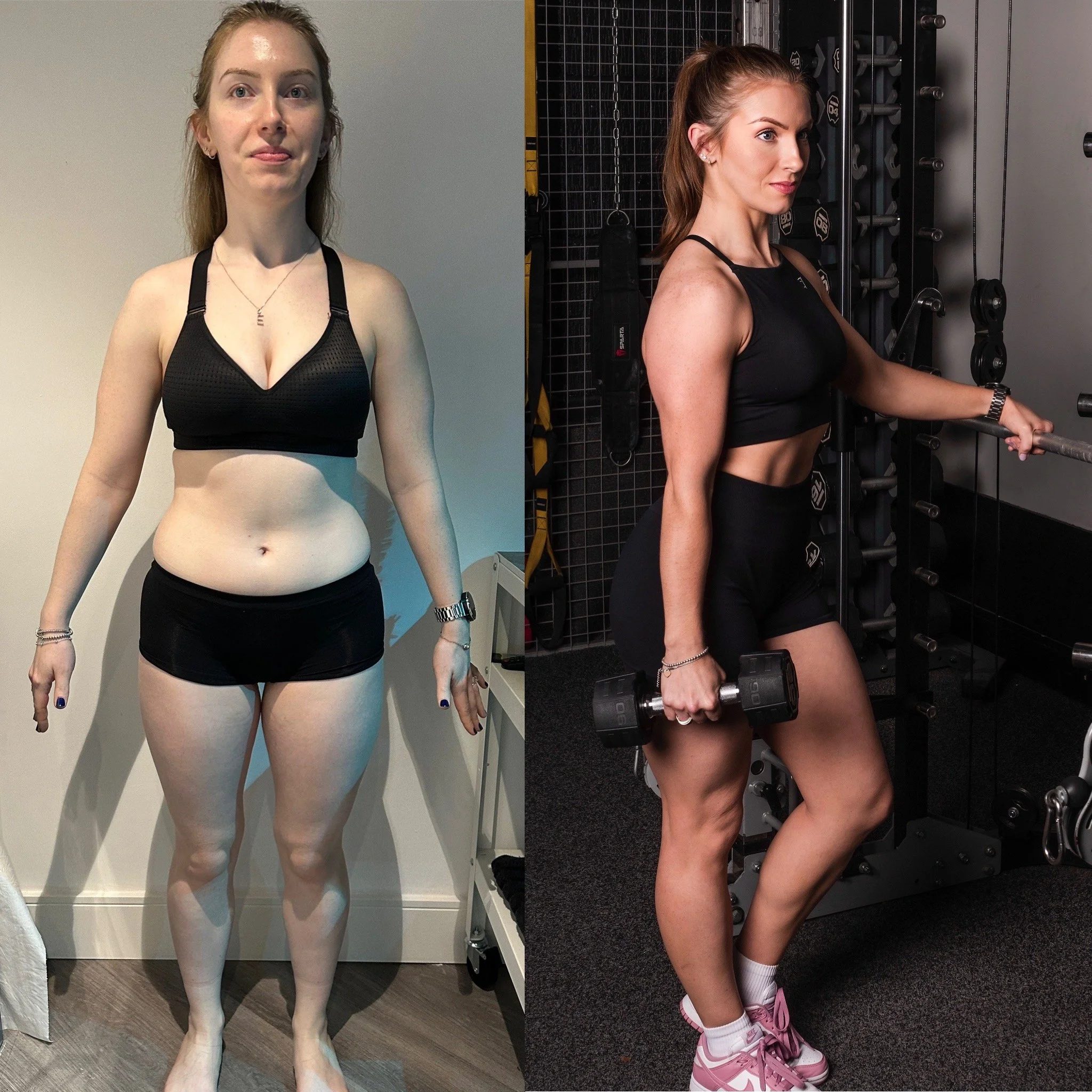 Side-by-side photos of a young woman before and after a workout. In the first image, she is standing against a plain wall, wearing a black sports bra and black shorts, with her tongue slightly sticking out and her arms relaxed at her sides. In the se