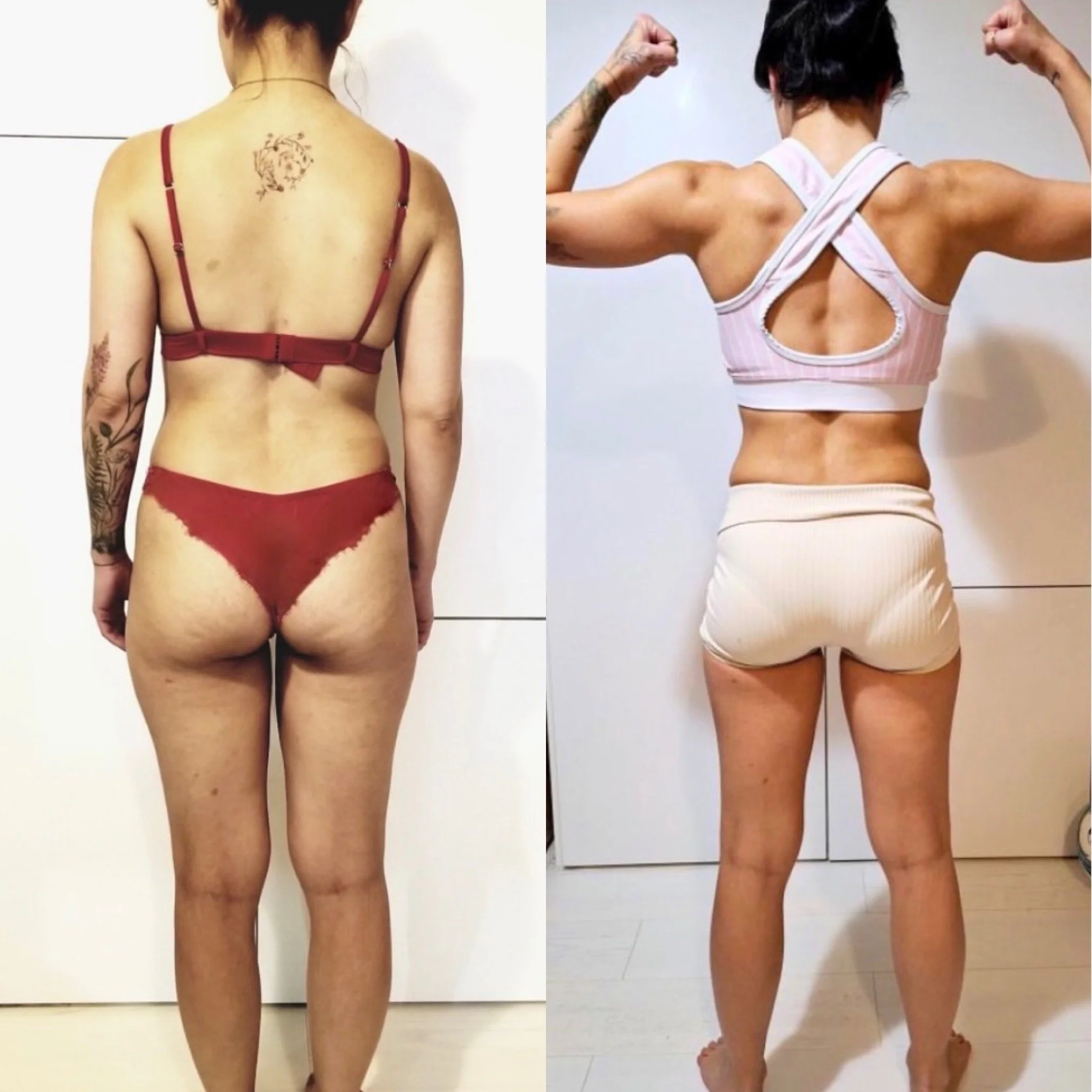 Comparison of two women seen from the back, one with tattoos on the left and the other with her arms flexed on the right, both showing their backs and legs.