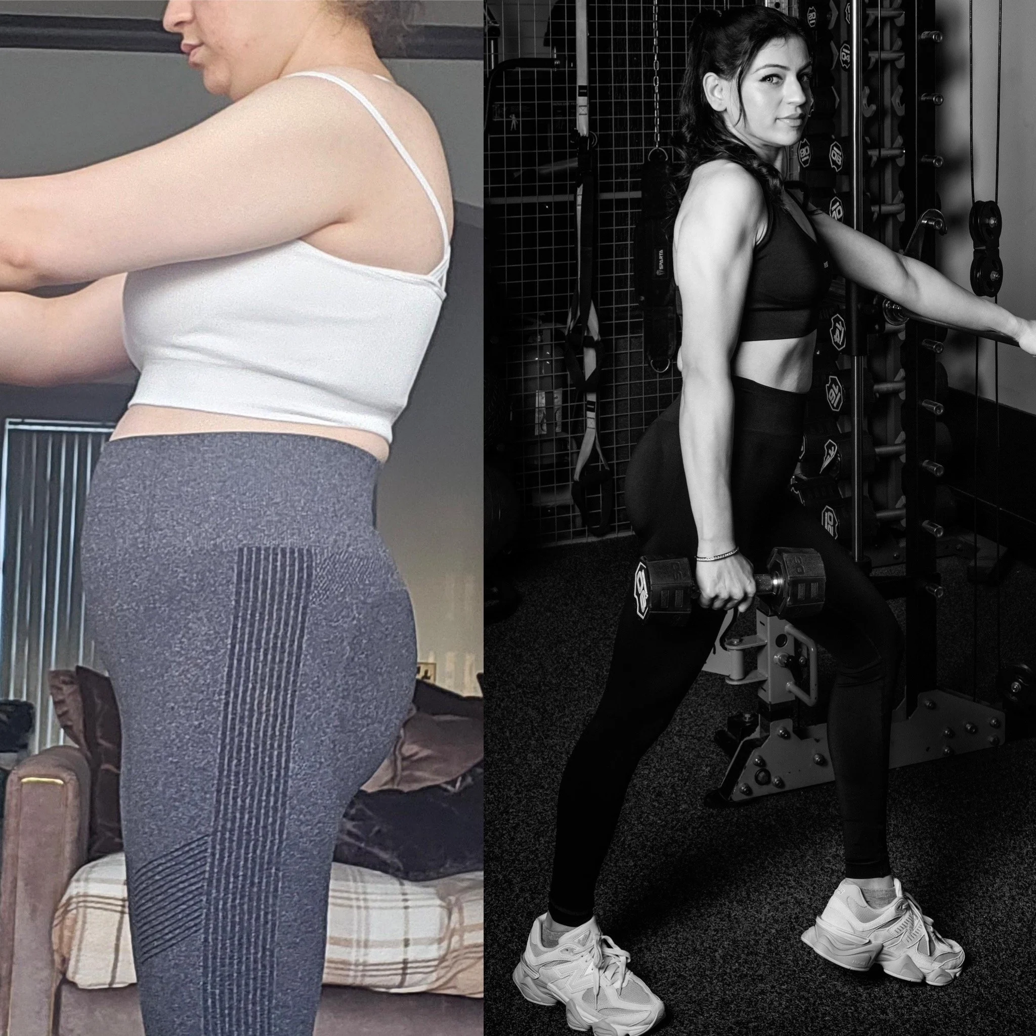 Side view of a woman before and after workout, the first wearing casual clothes and the second in athletic workout attire in a gym.