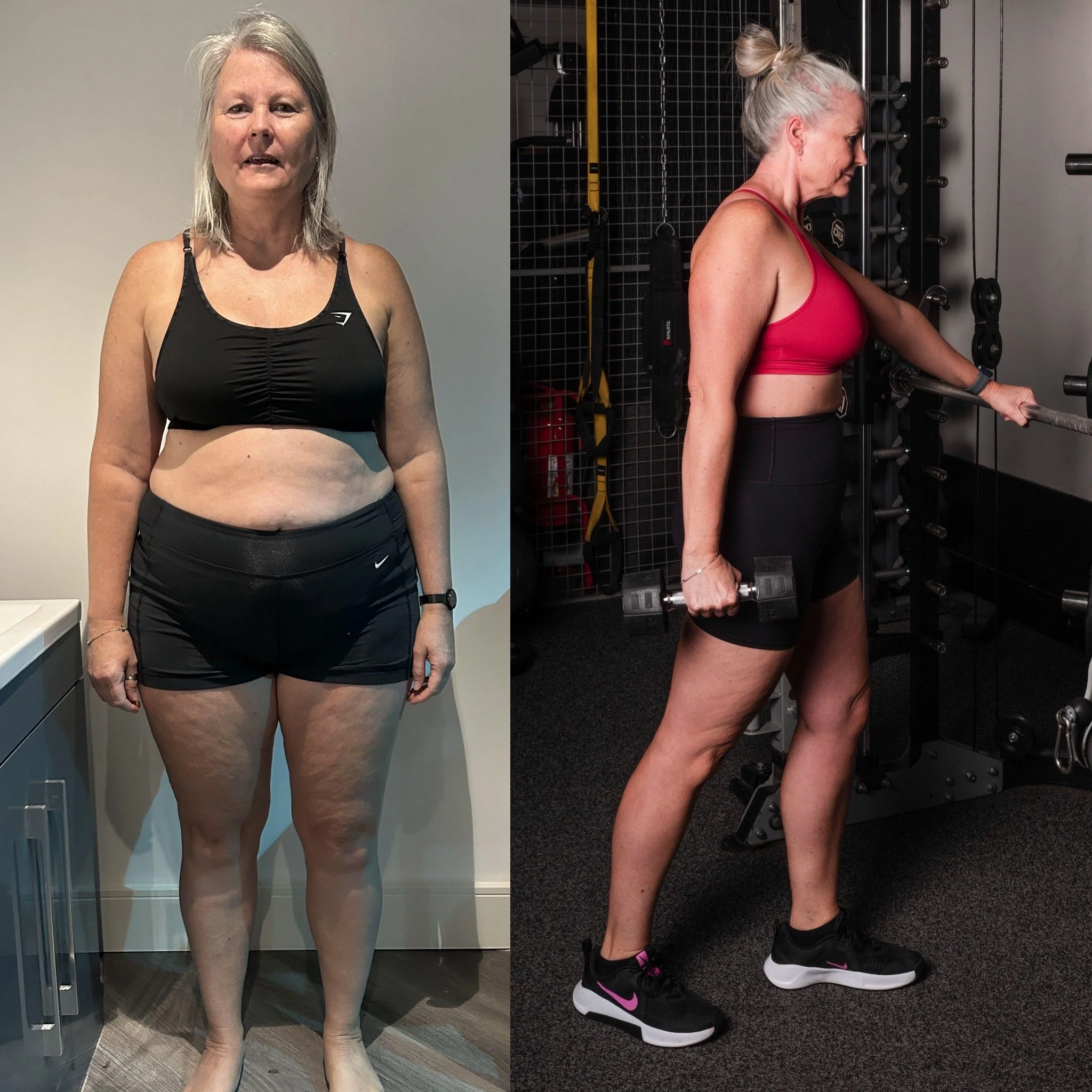 A collage of two photos showing a woman before and after workout. In the first photo, she is standing against a plain wall, wearing a black sports bra and black shorts. In the second photo, she is at a gym, wearing a pink sports bra and black shorts,
