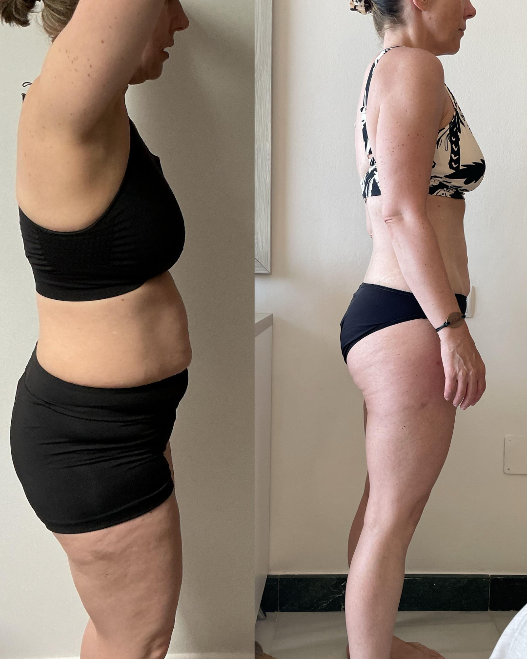 Side-by-side comparison of a woman before and after fitness journey, showing weight loss and toned physique, wearing black workout clothes in the 'before' and a patterned sports bra with black shorts in the 'after'.