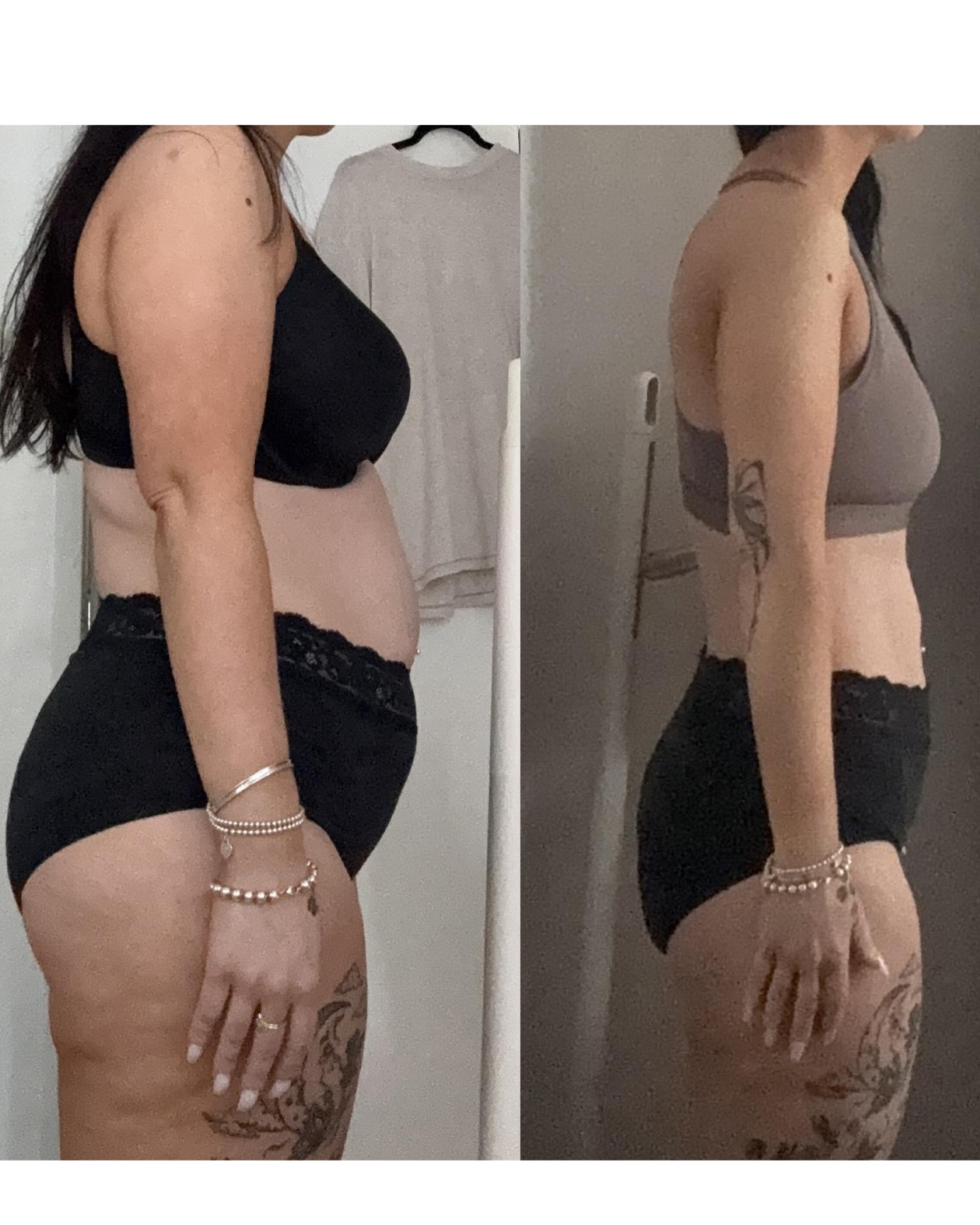 Side-by-side comparison of a woman before and after weight loss, showing her profile in black and taupe sports bras and black shorts.