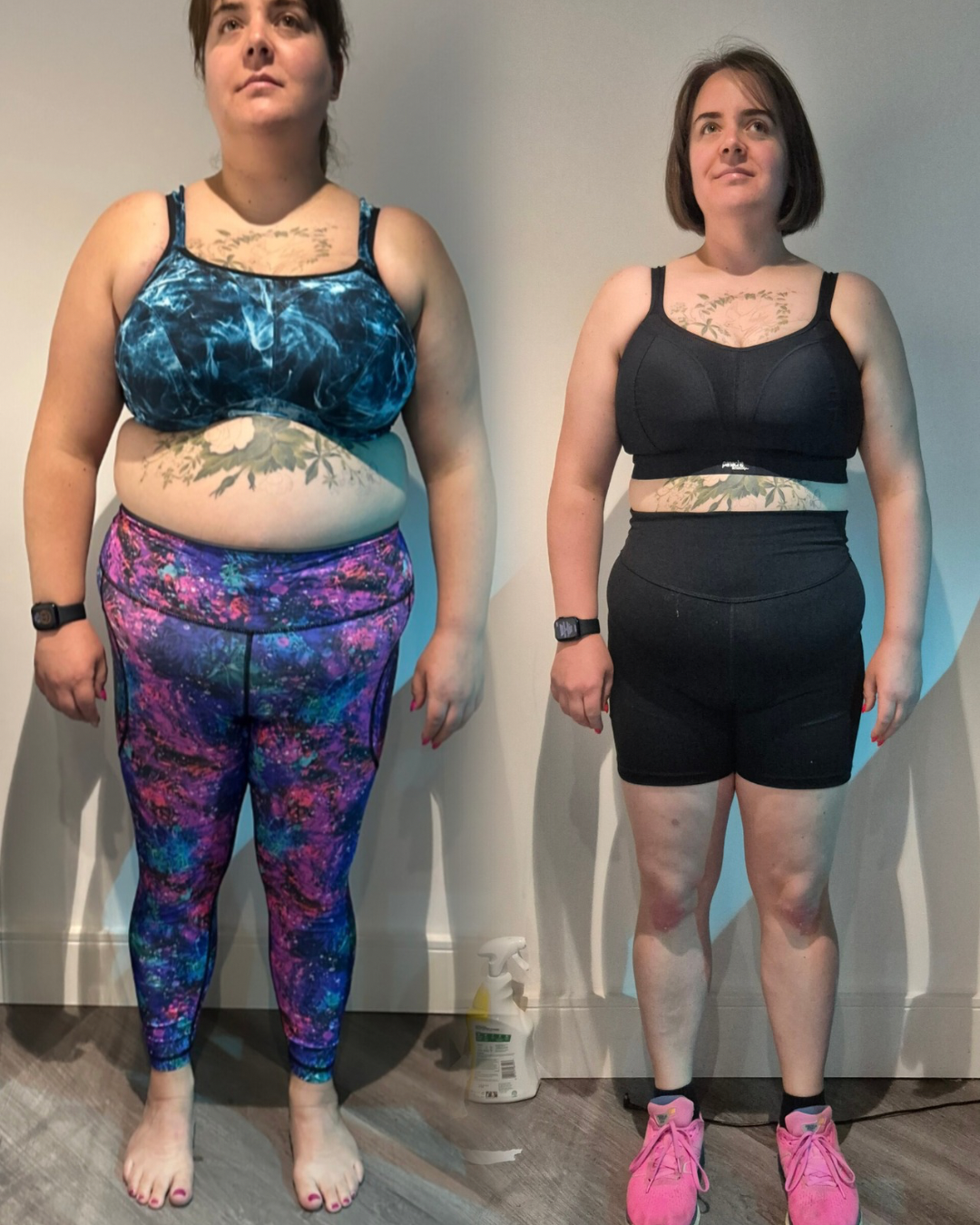 Side-by-side comparison of a woman before and after a fitness transformation. On the left, she is wearing colorful leggings and a blue sports bra, with more body weight. On the right, she is wearing black shorts and a black sports bra, with a slimmer