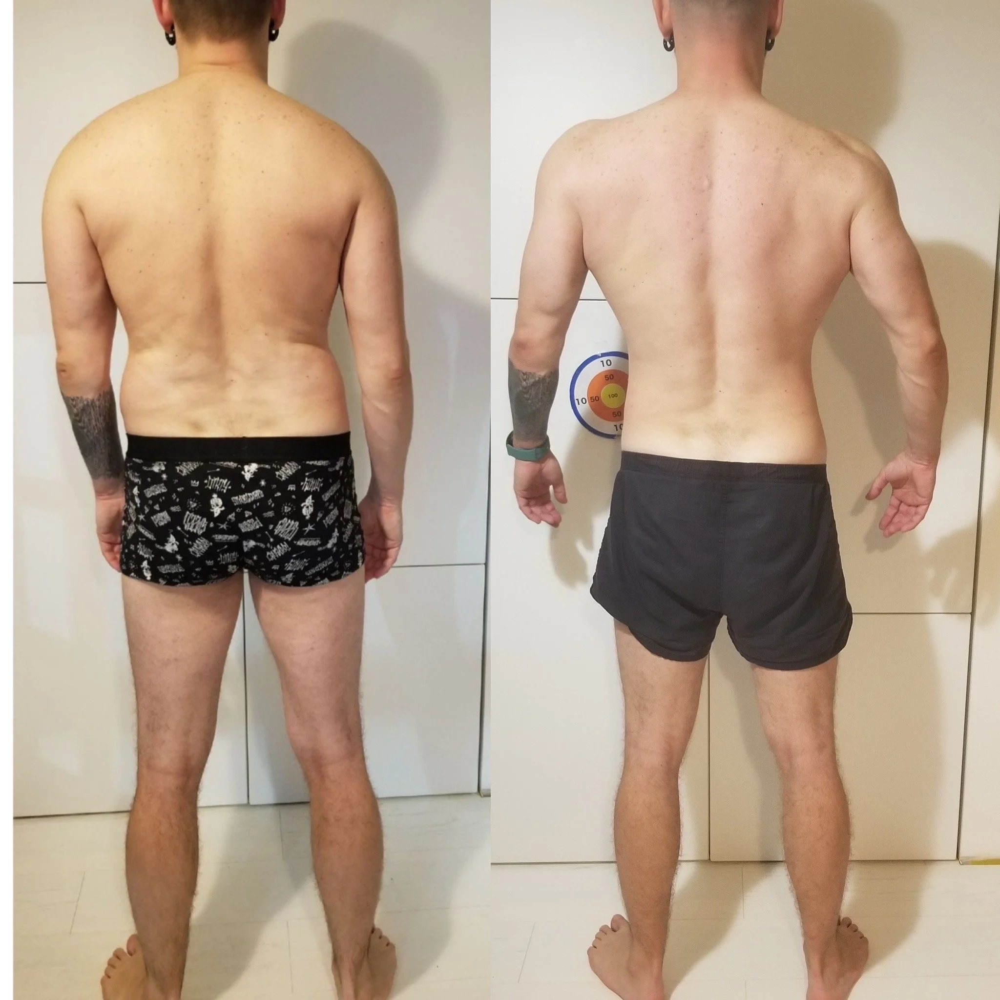 Comparison of a man's back showing before and after muscle definition, with the left side showing a less toned back and the right side showing a more toned back.