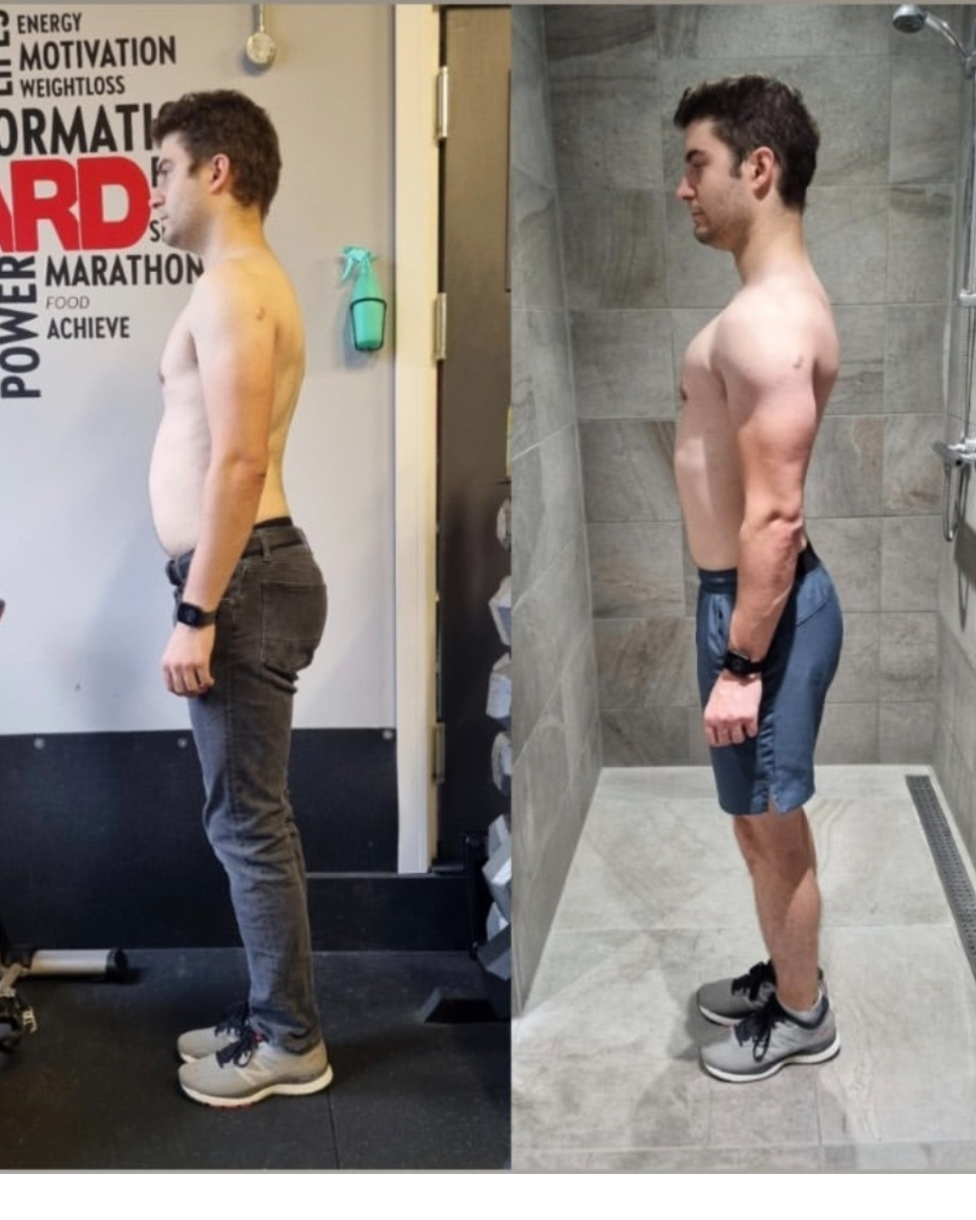 Side-by-side before and after photos of a shirtless man showing weight loss, standing in workout clothes in a gym and shower, respectively.