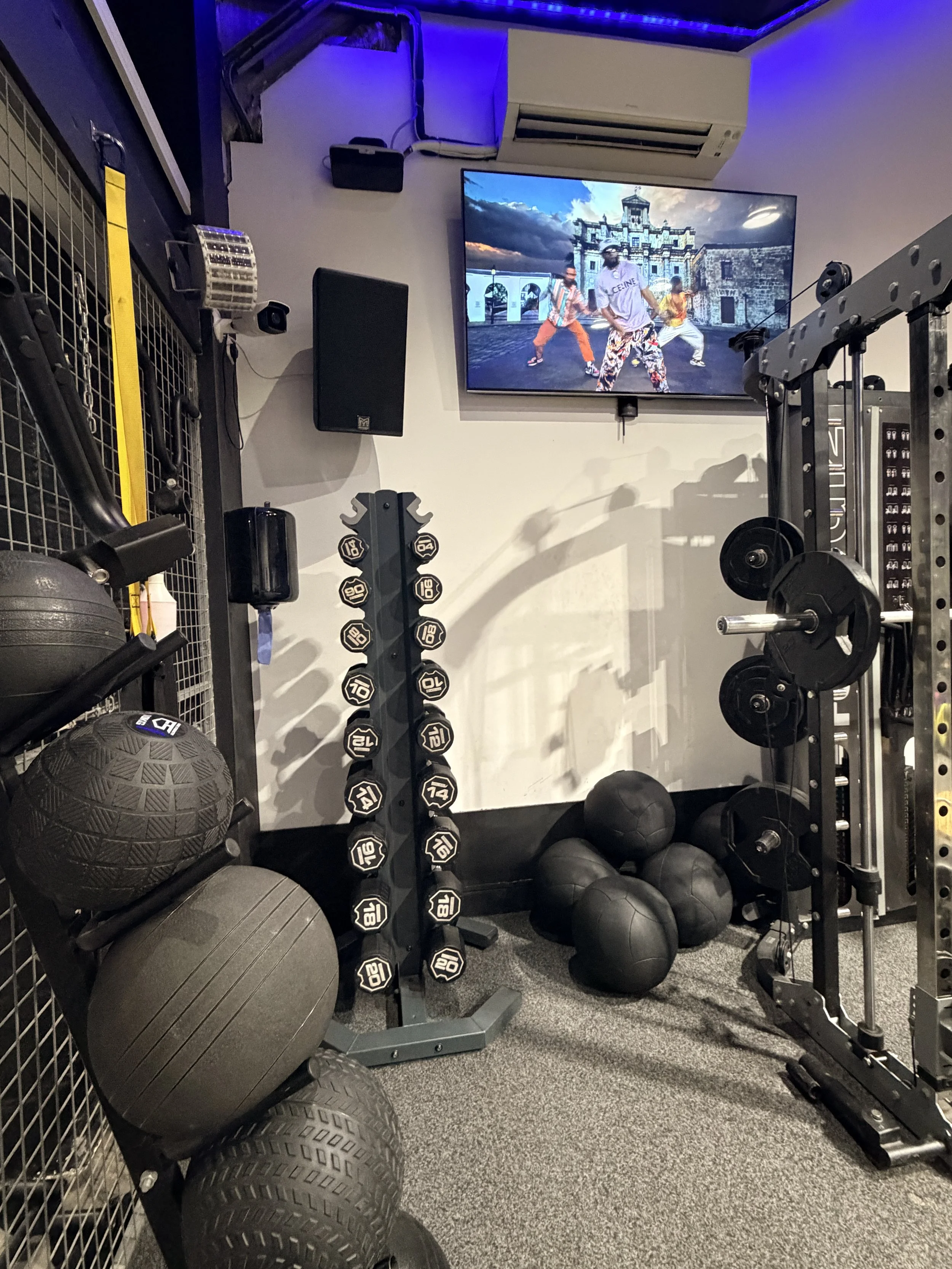 A corner of a gym with black medicine balls, dumbbells, a weight rack, a TV screen showing dancers, and purple lighting.