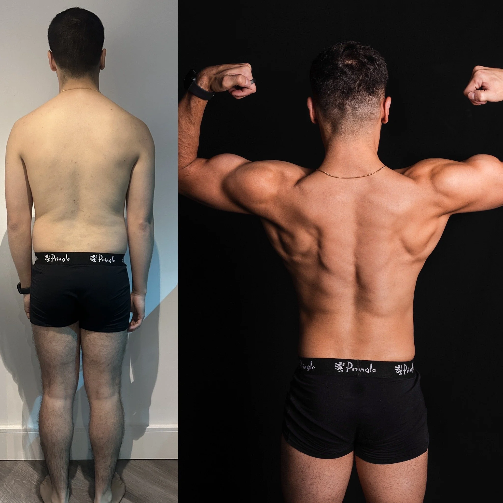 Comparison of a man's back and legs before and after muscular transformation. On the left, a man with a slim build, wearing black underwear, facing away, with light skin. On the right, the same man with a muscular build, flexing his back and arm musc