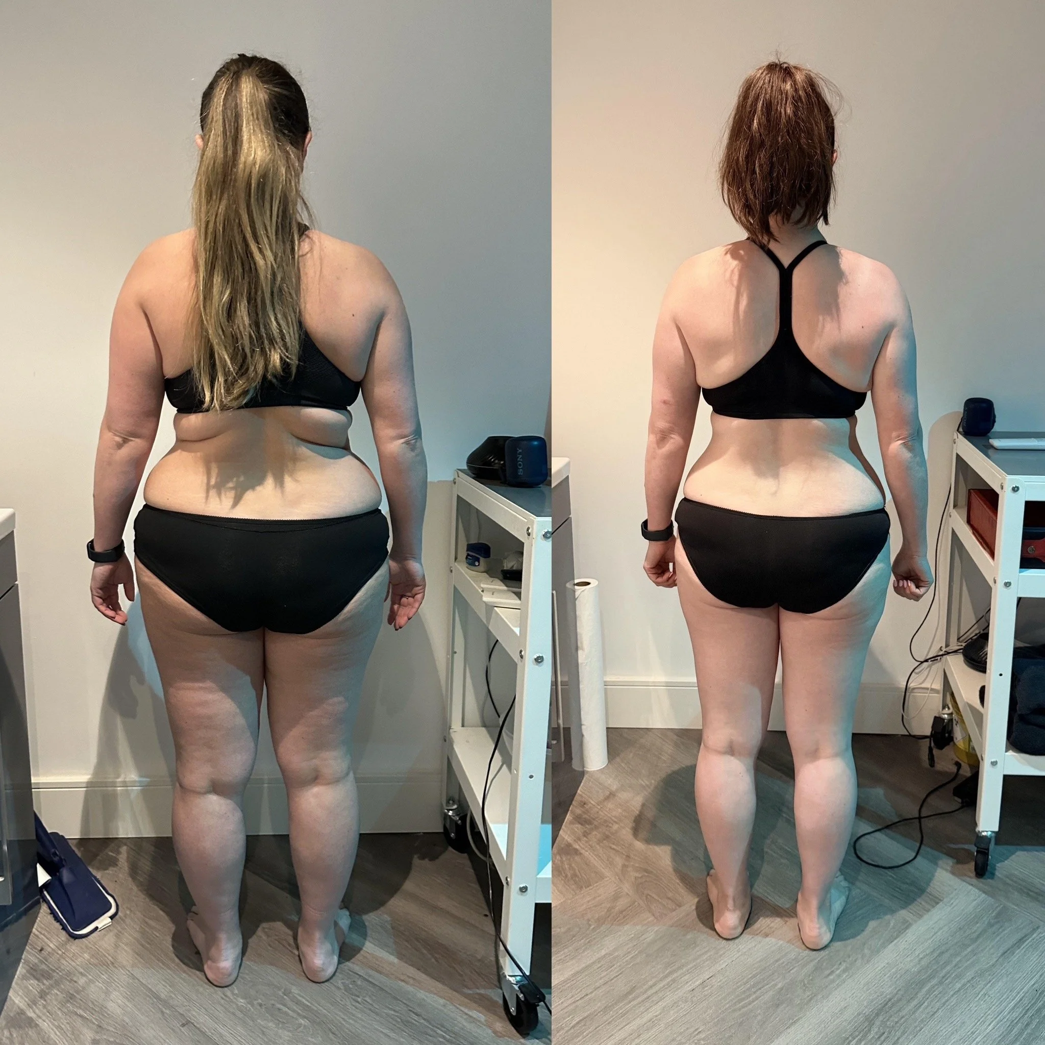 Side-by-side comparison of a woman with long blonde hair on the left and a woman with short brown hair on the right, both standing in a room with white walls, wearing black sports bras and shorts, facing away from the camera.