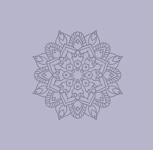 Intricate mandala design with symmetrical floral and geometric patterns on a light purple background.