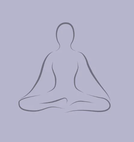 Line drawing of a person in a seated meditation pose on a light purple background.