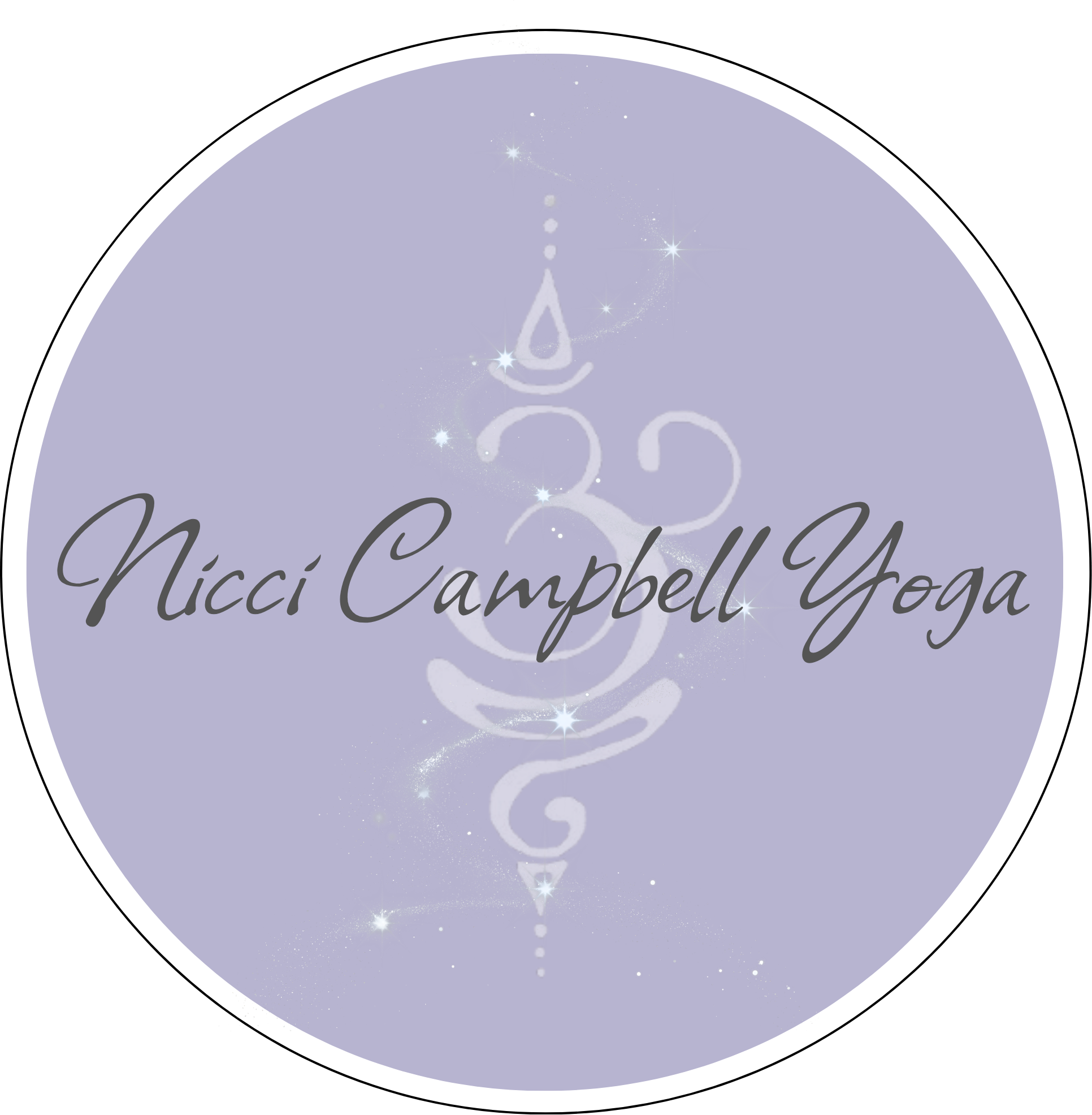 Close-up of a circular purple design with white and silver accents, featuring shiny stars and the name 'Nicci Campbell Yoga' written in elegant script.