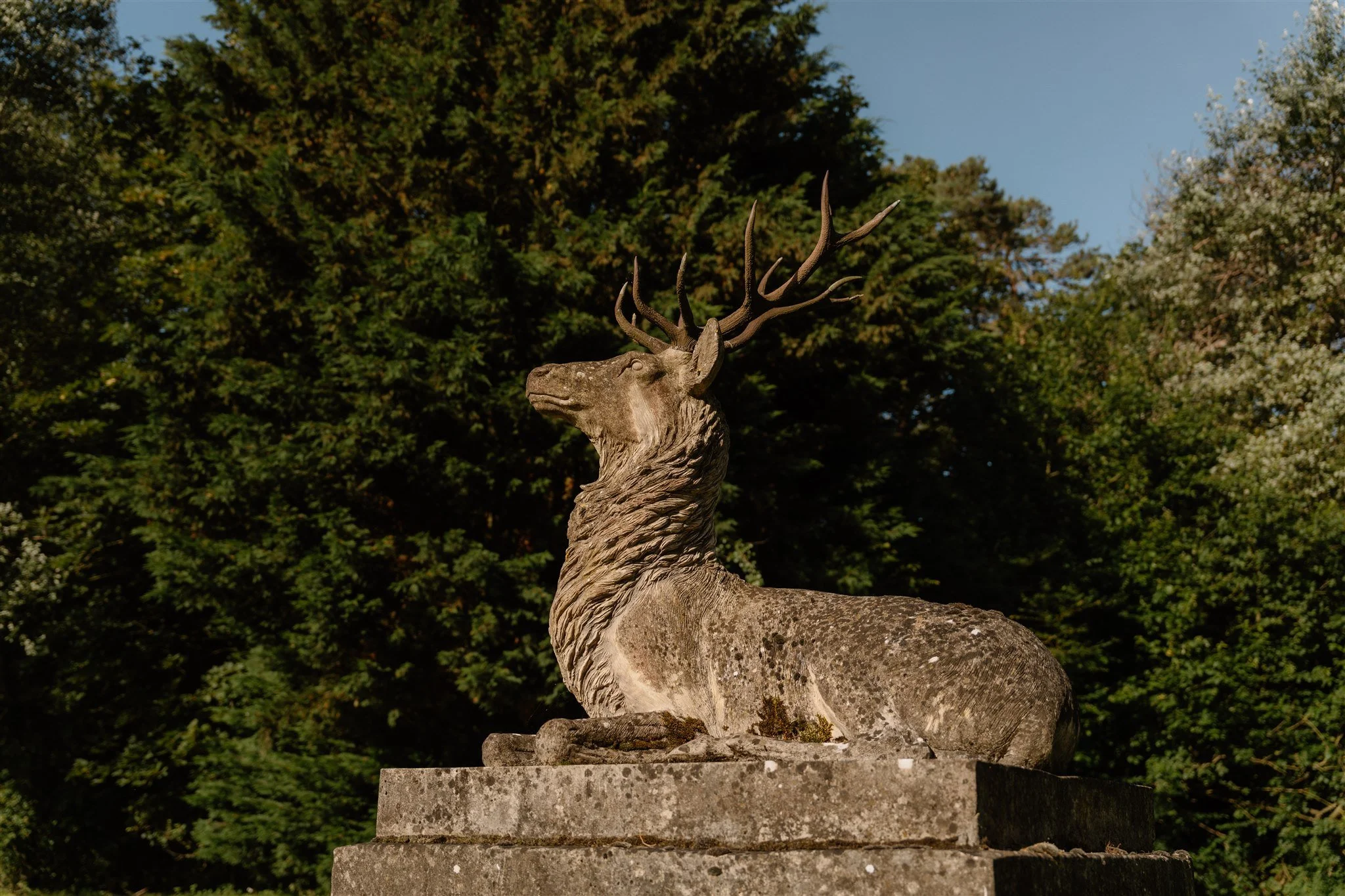 Stone sculpture of a deer with large antlers on a pedestal, set outdoors against a backdrop of trees and a blue sky.