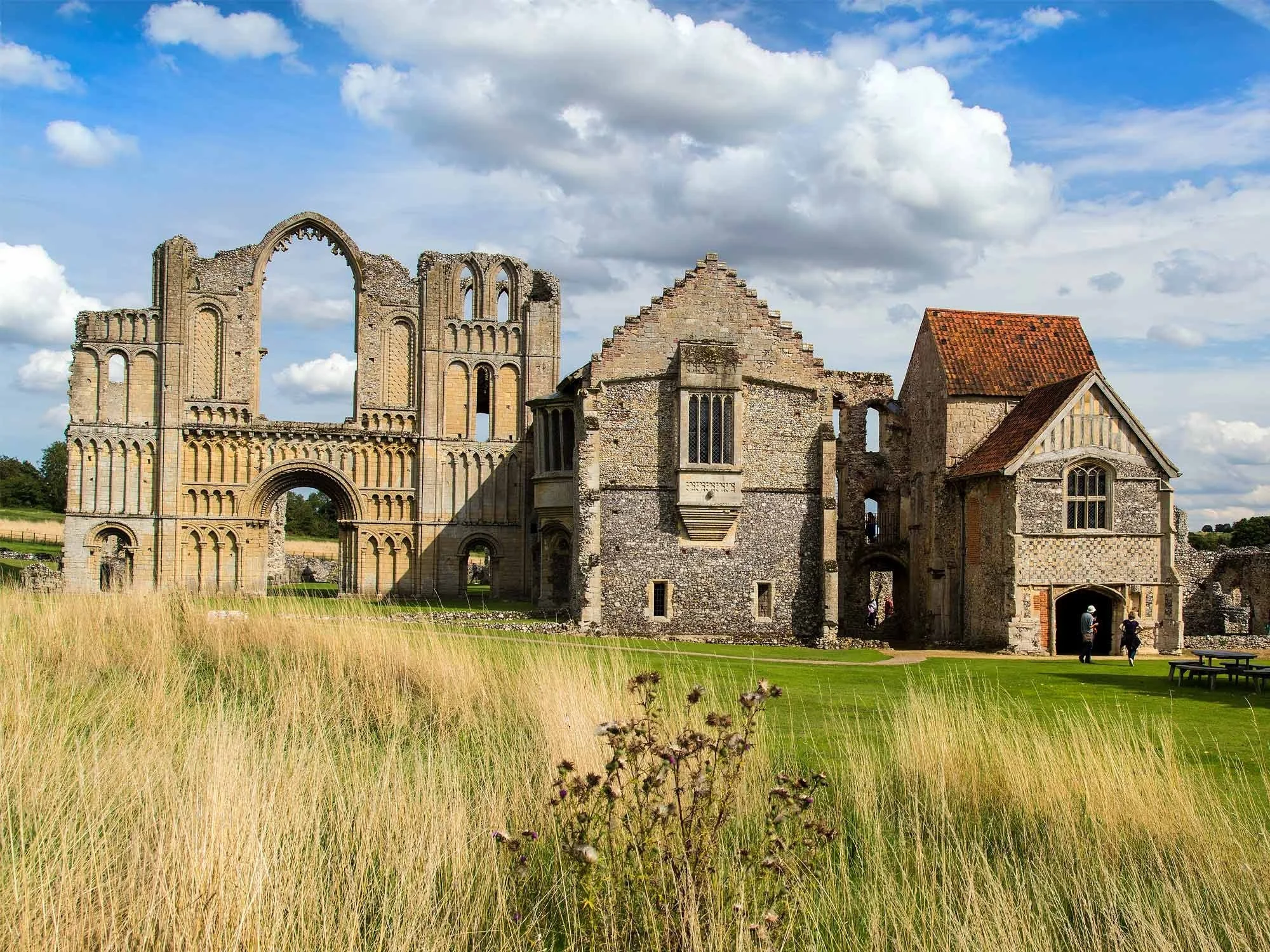 Ancient stone church with ruined walls and tall window openings under a cloudy blue sky, surrounded by green grass and wildflowers with a few people walking in front.