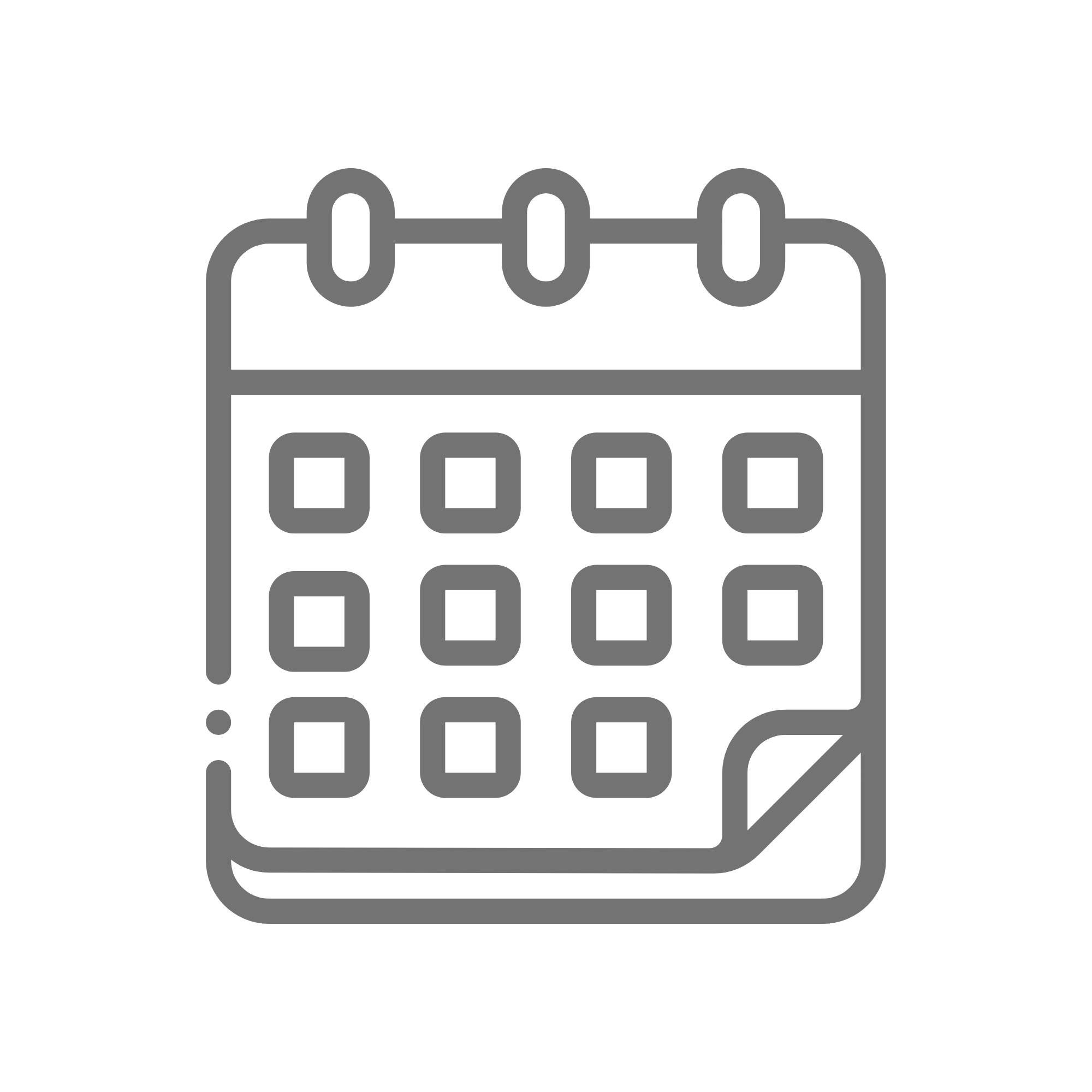A black and white line drawing of a calendar with a spiral binding at the top and grid lines representing days.