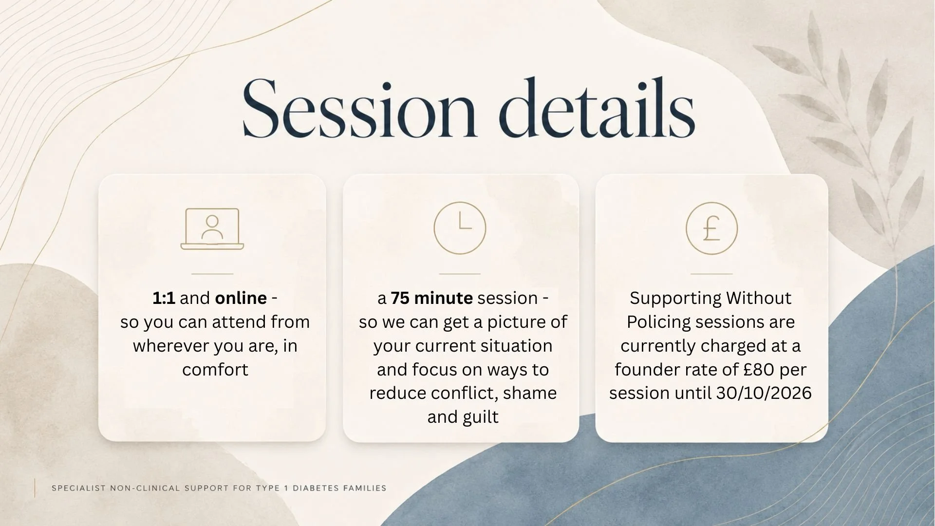 Information about support sessions, including details on online attendance, session duration, and costs for type 1 diabetes support.
