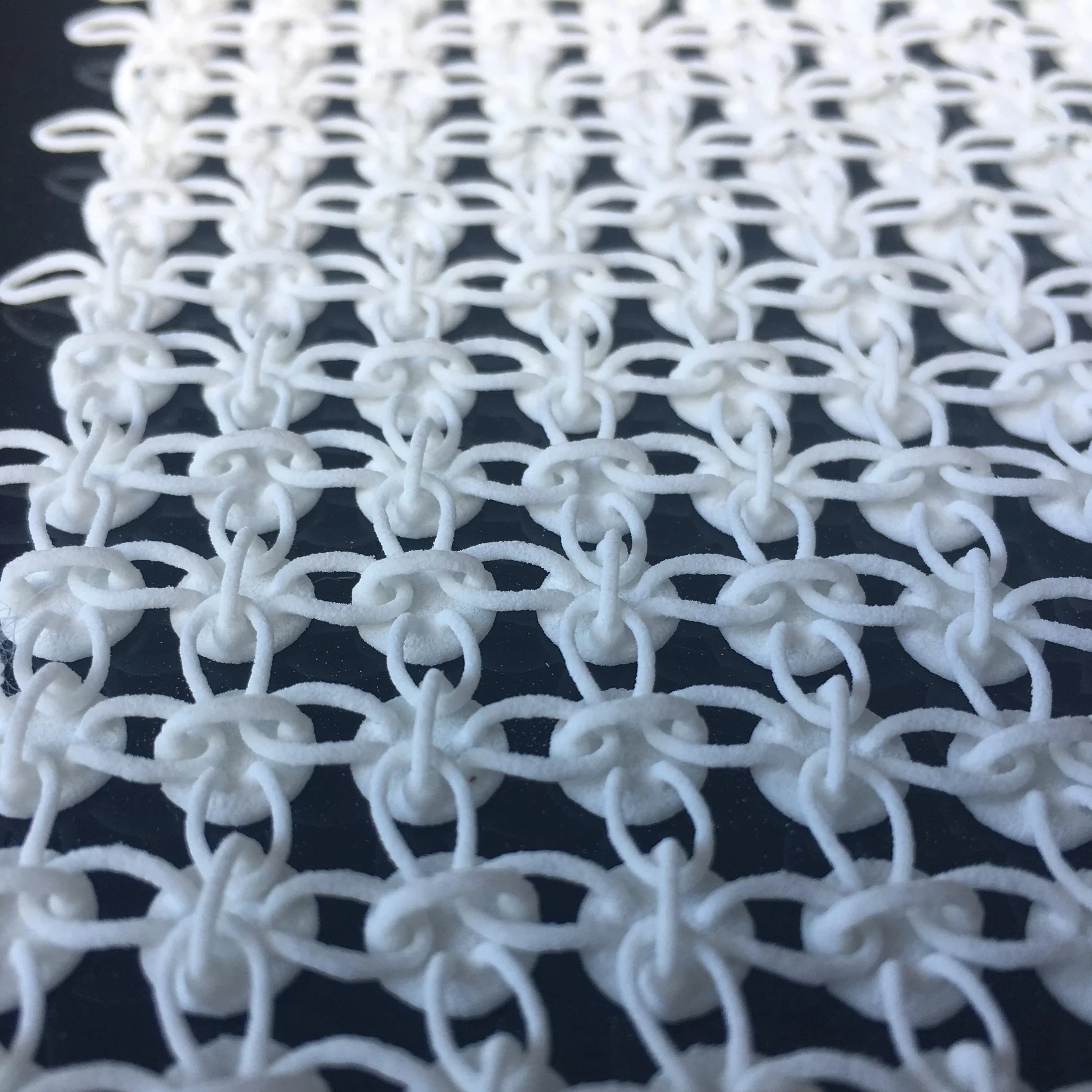 3D printed textile prototype for fashion design, demonstrating innovative materials, digital fabrication, and experimental garment development.