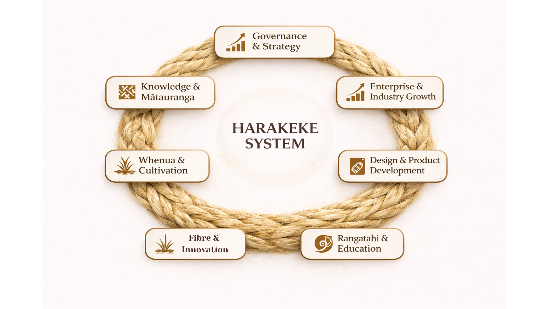 Harakeke systems chart featuring braided muka encircled by pou, symbolising interconnected frameworks, mātauranga Māori, and structural relationships.