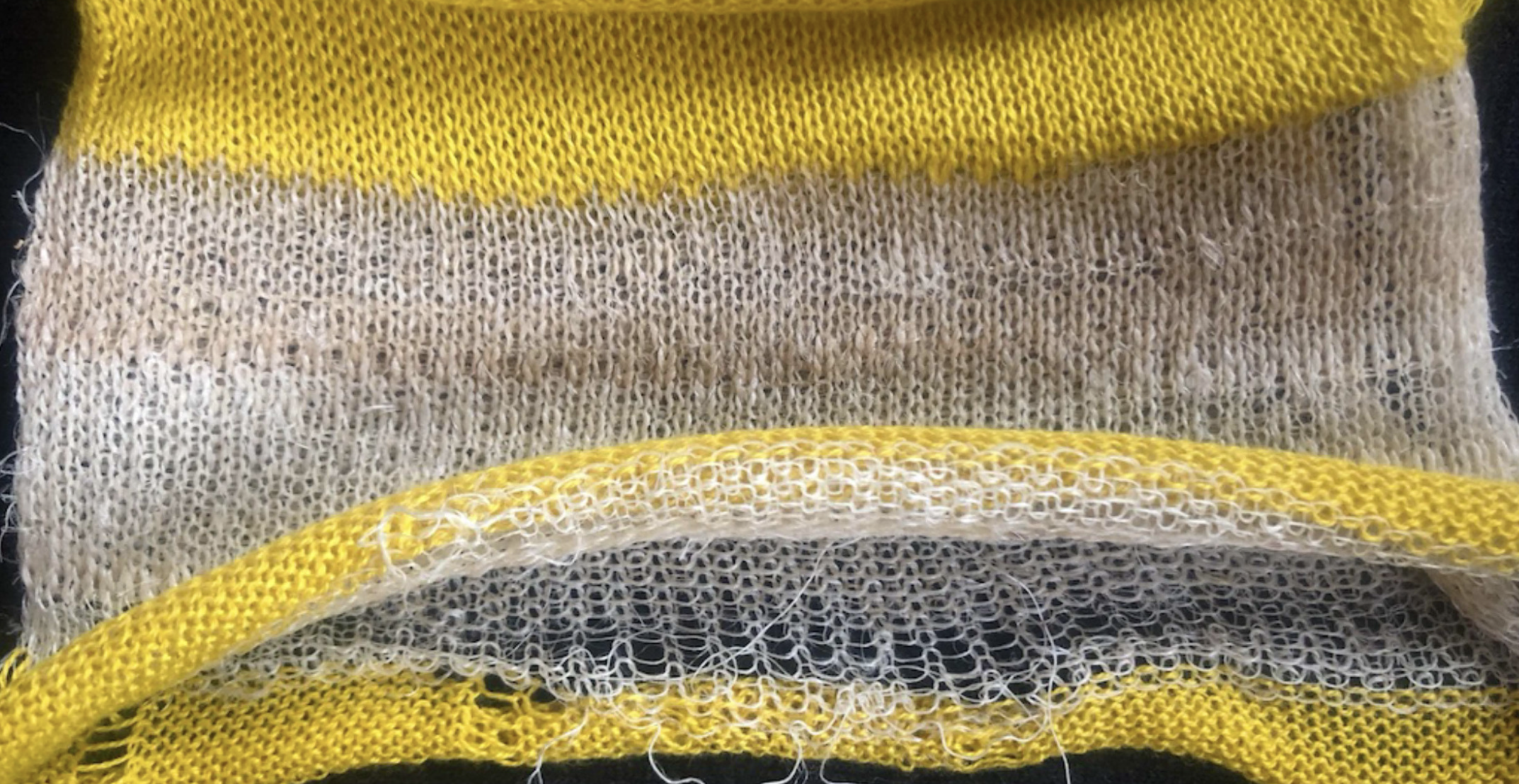 Knitted muka fibre prototype testing, strength and viability through commercial knitting technology.