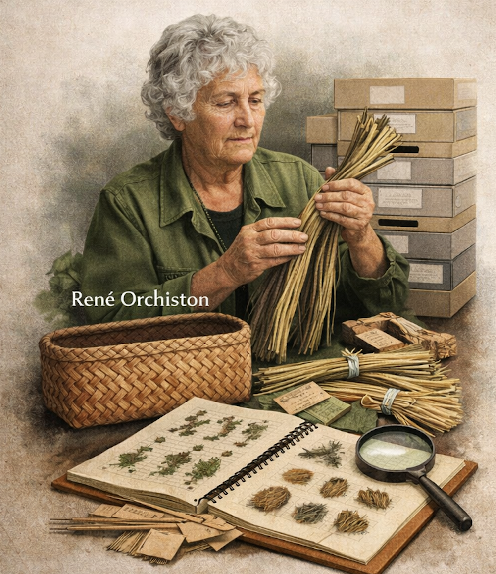 Animated image of Rene Orchiston working on her harakeke weaving craft.