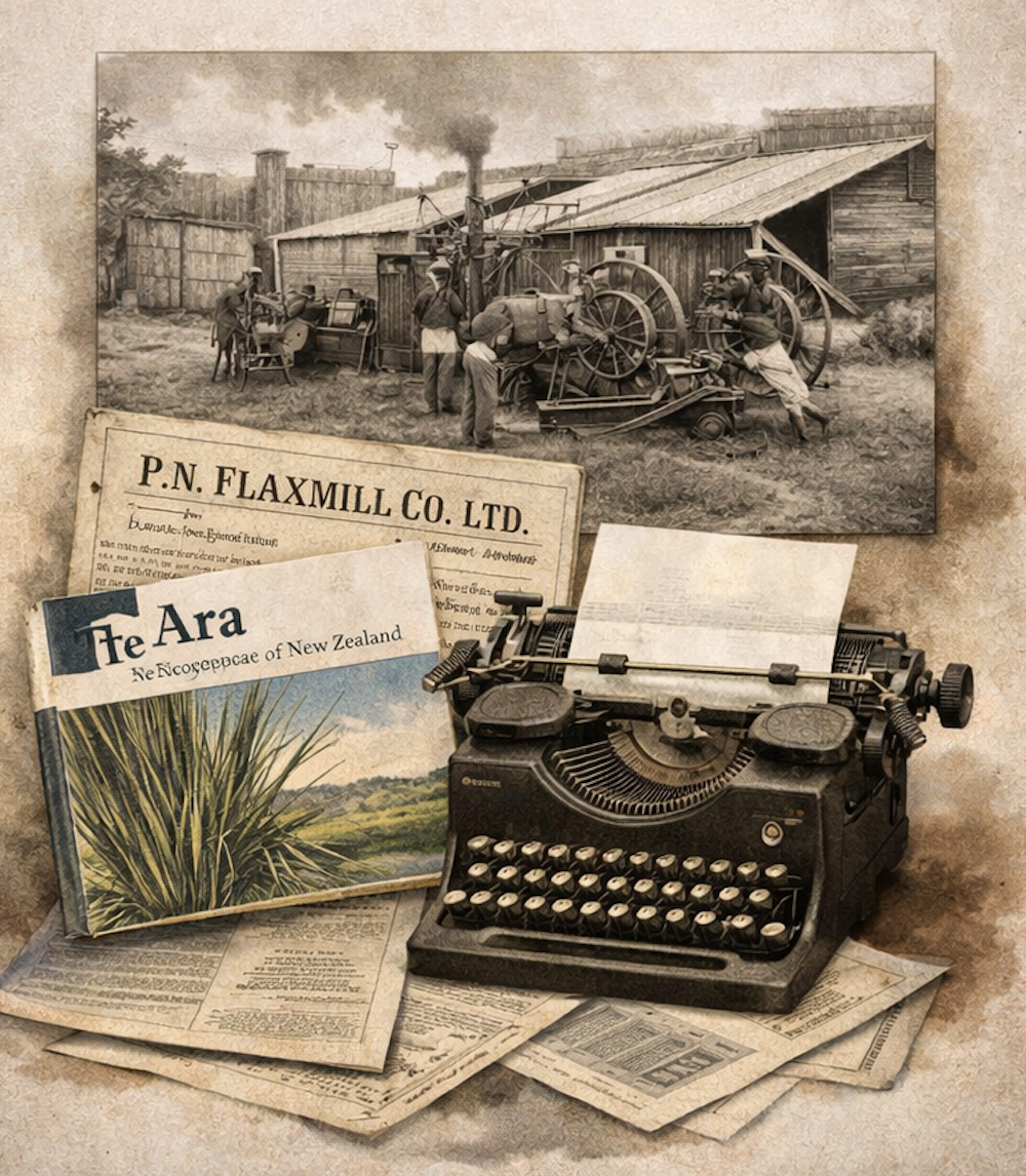 Animation of historical typewriter and newspapers with flax mill image above.
