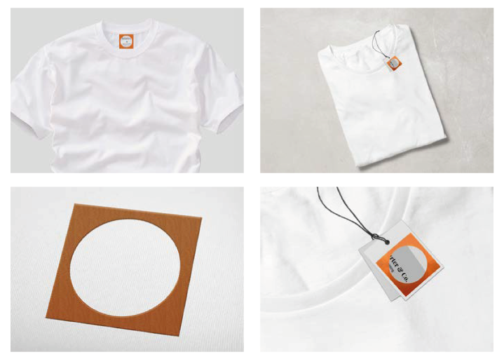 White T-shirt with a hanging tag, white long-sleeve shirt folded with a tag, white fabric with a circular cutout, and a close-up of the tag attached to the shirt.