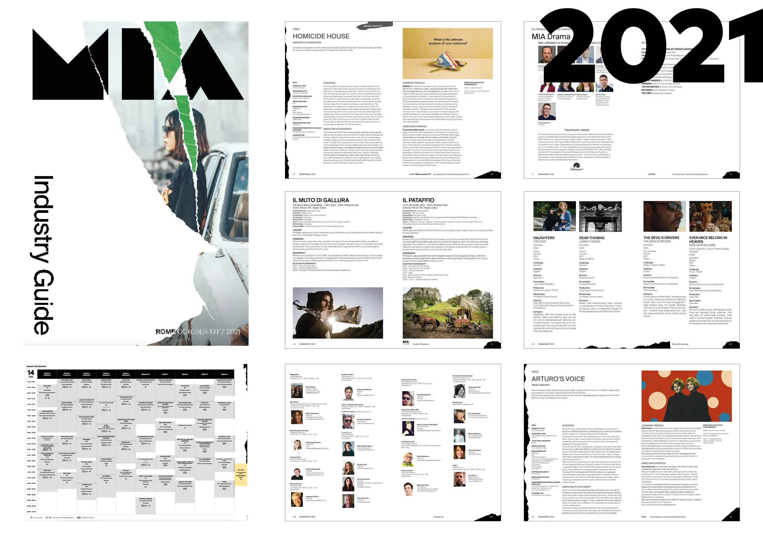 A collage of pages from a magazine or report featuring articles, images, and advertisements with a focus on film and media topics. The layout includes text blocks, photos of people, and colorful graphics.