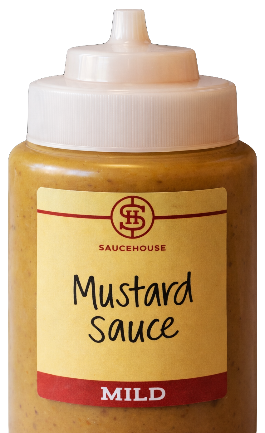A squeeze bottle of mild mustard sauce from Saucehouse with a yellow label, red accents, and a white cap.