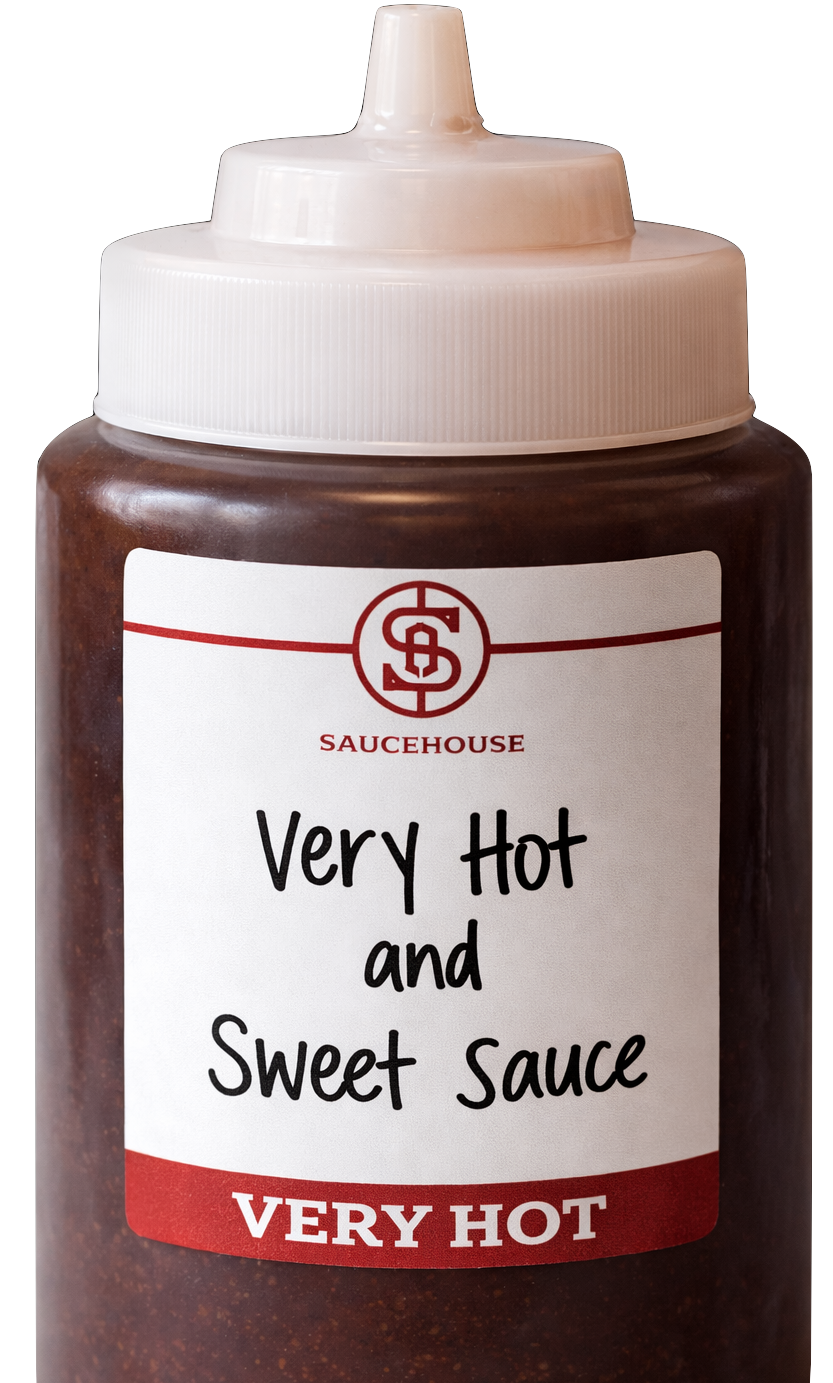 A jar of sauce labeled 'Very Hot and Sweet Sauce,' with a white flip-top lid and a white label with red accents, produced by Saucehouse.