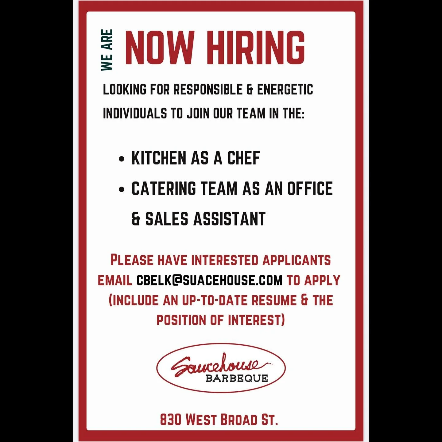 Are you ready to join our amazing Saucehouse team!  We are looking to fill two key positions! 

Please email cbelk@saucehouse.com to setup an interview today!