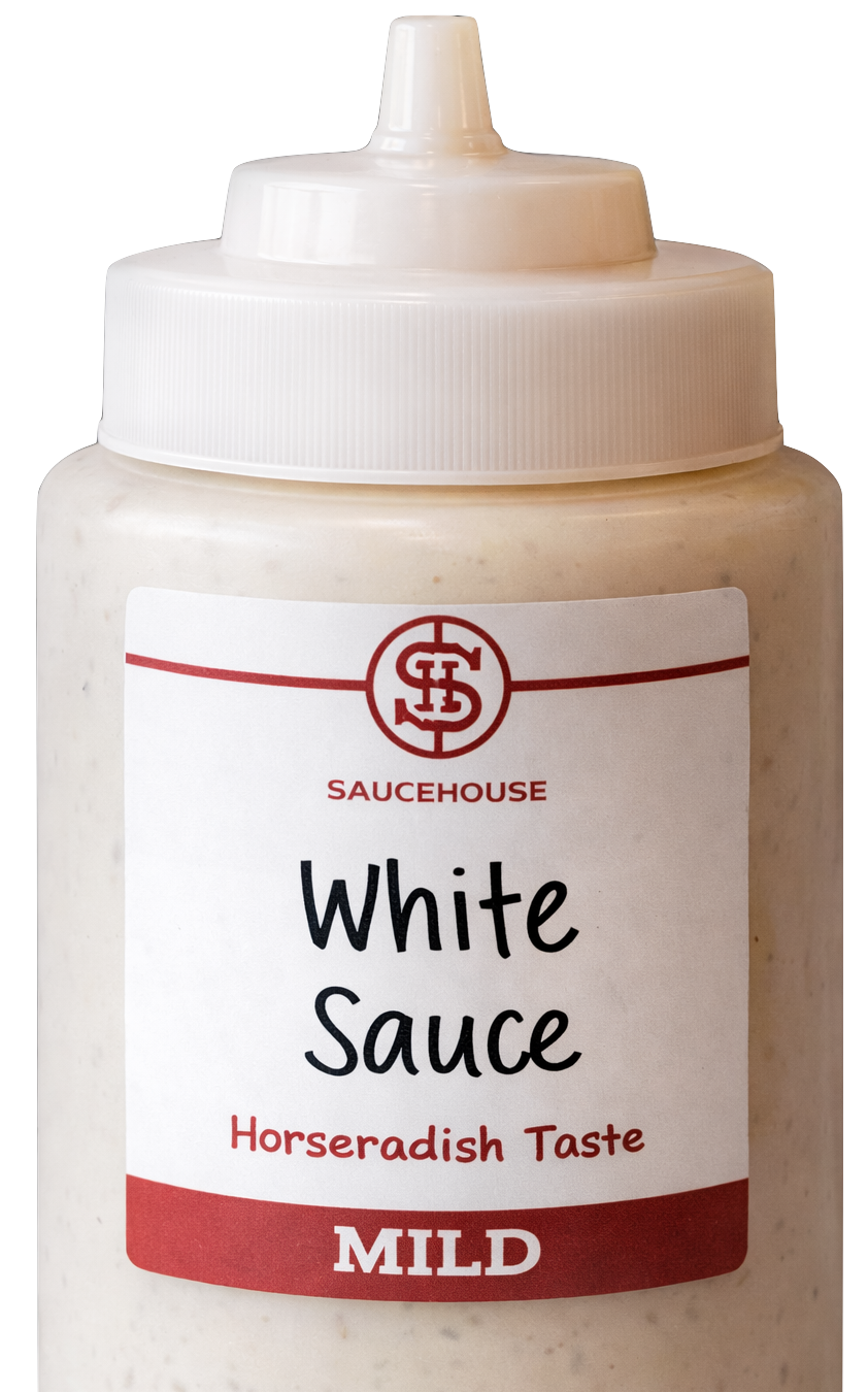 A bottle of white sauce with a white cap and label that reads 'Saucehouse White Sauce, Horseradish Taste, Mild'.