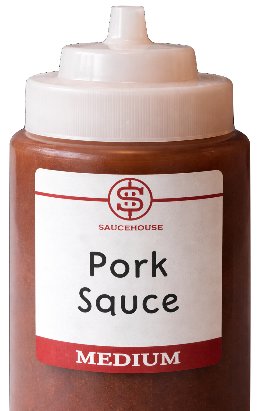 Bottle of pork sauce with a white squeeze top and label reading 'Saucehouse Pork Sauce Medium' in black and red text.