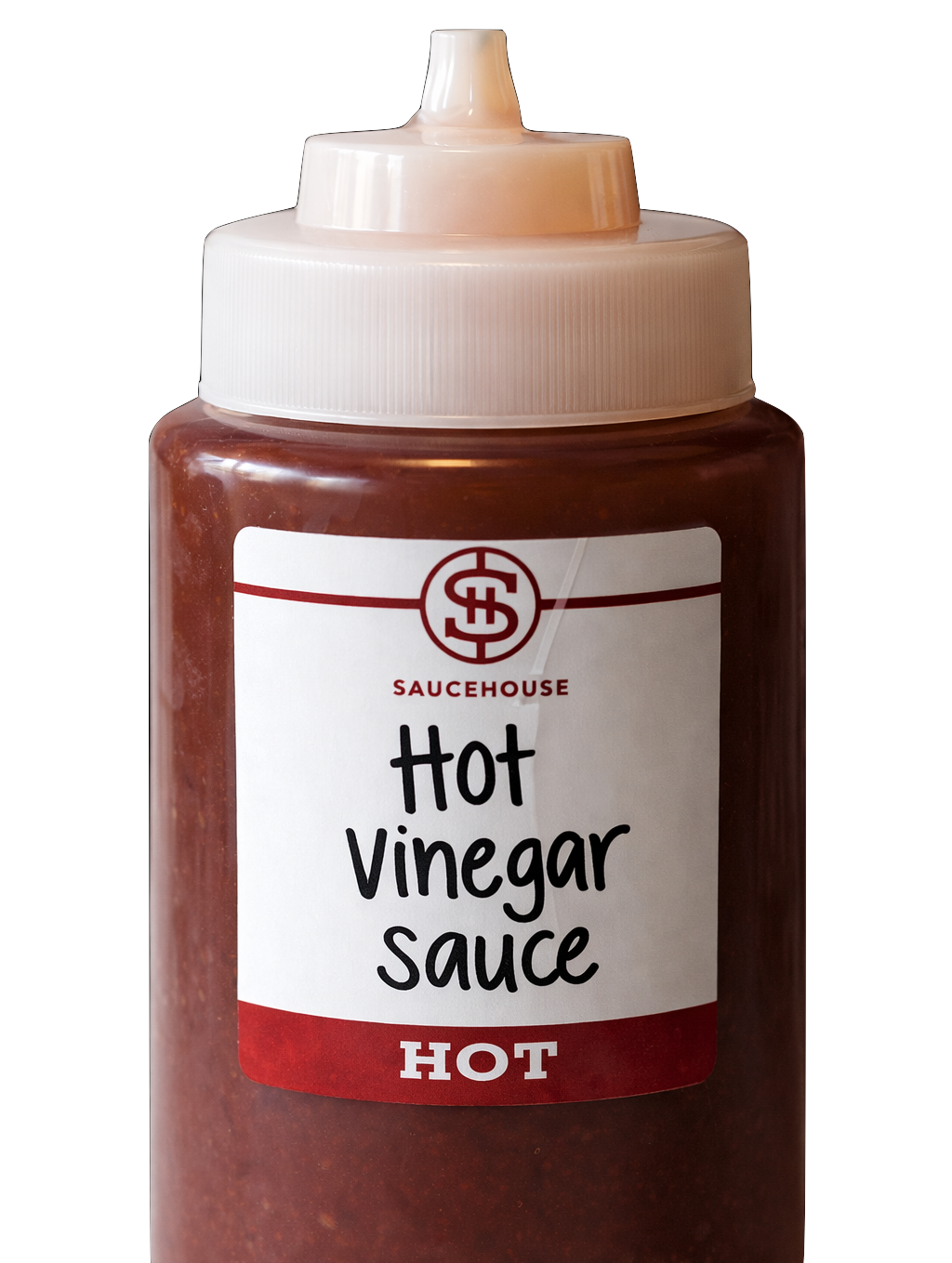 A plastic squeeze bottle of hot vinegar sauce from Saucehouse with a white cap and red-brown liquid inside, labeled 'Hot Vinegar Sauce'.