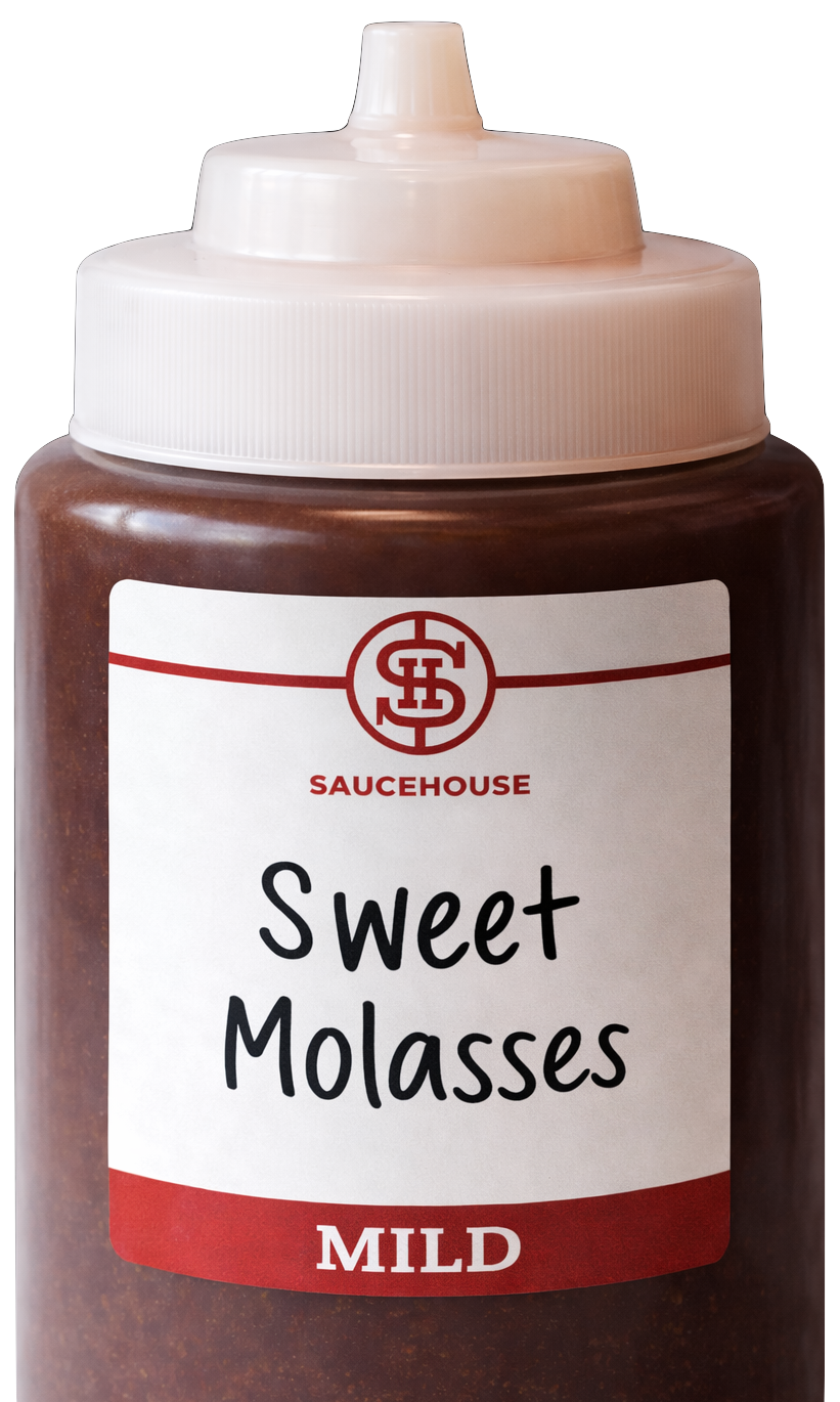 A bottle of sweet molasses with a white lid and label that reads "Saucehouse Sweet Molasses Mild."