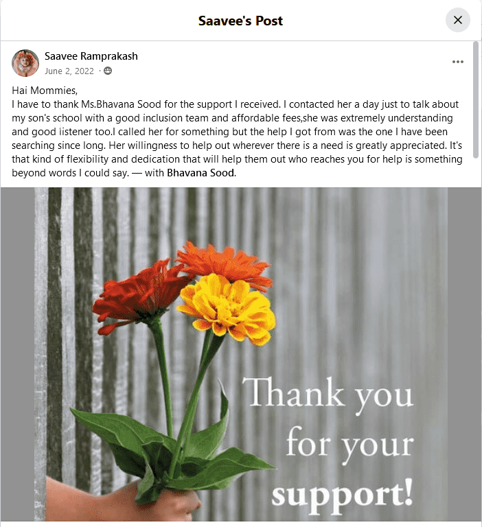 A hand holding a small bouquet of orange and yellow flowers over a blurred background with vertical lines, alongside the text 'Thank you for your support!'
