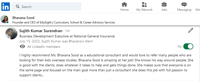 LinkedIn profile page of Bhavana Sood, founder and CEO of EduSight, displaying her connection with Sujith Kumar Surendran, a business development executive at National General Insurance, with a highlighted recommendation for Bhavana Sood.
