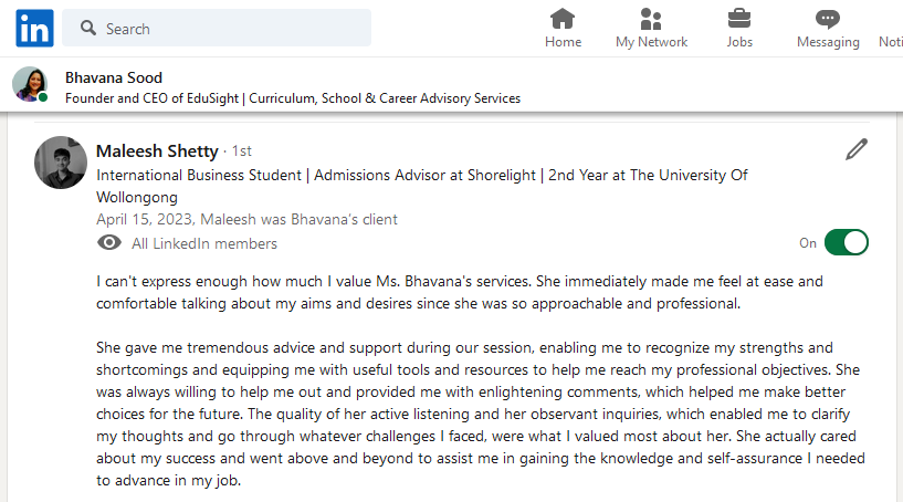 LinkedIn profile page of Bhavana Sood with highlighted recommendations and appreciation from Maleesh Shetty, emphasizing the value of her services in career guidance.