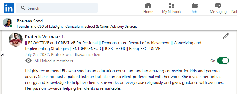 LinkedIn profile page of Bhavana Sood with a highlighted recommendation for her as an education consultant and counselor for kids and parental advice.