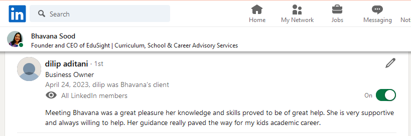 LinkedIn profile page showing a connection's recommendation and a message from Bhavana Sood.