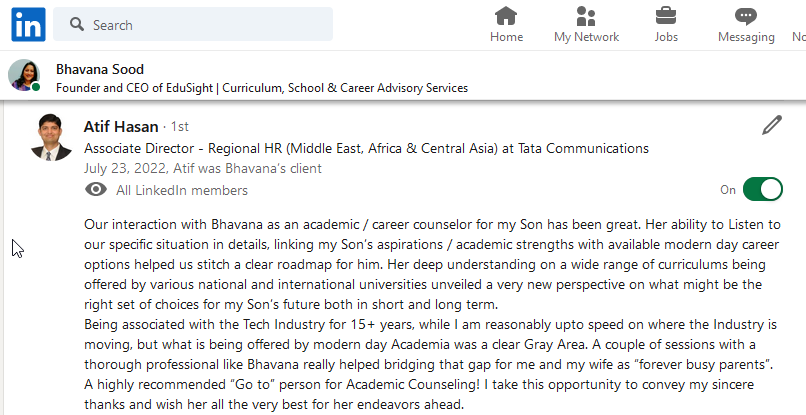 LinkedIn profile page showing Bhavana Sood, founder and CEO of EduSight, with a recent connection, Atif Hasan, an Associate Director at Tata Communications, with a detailed professional description.