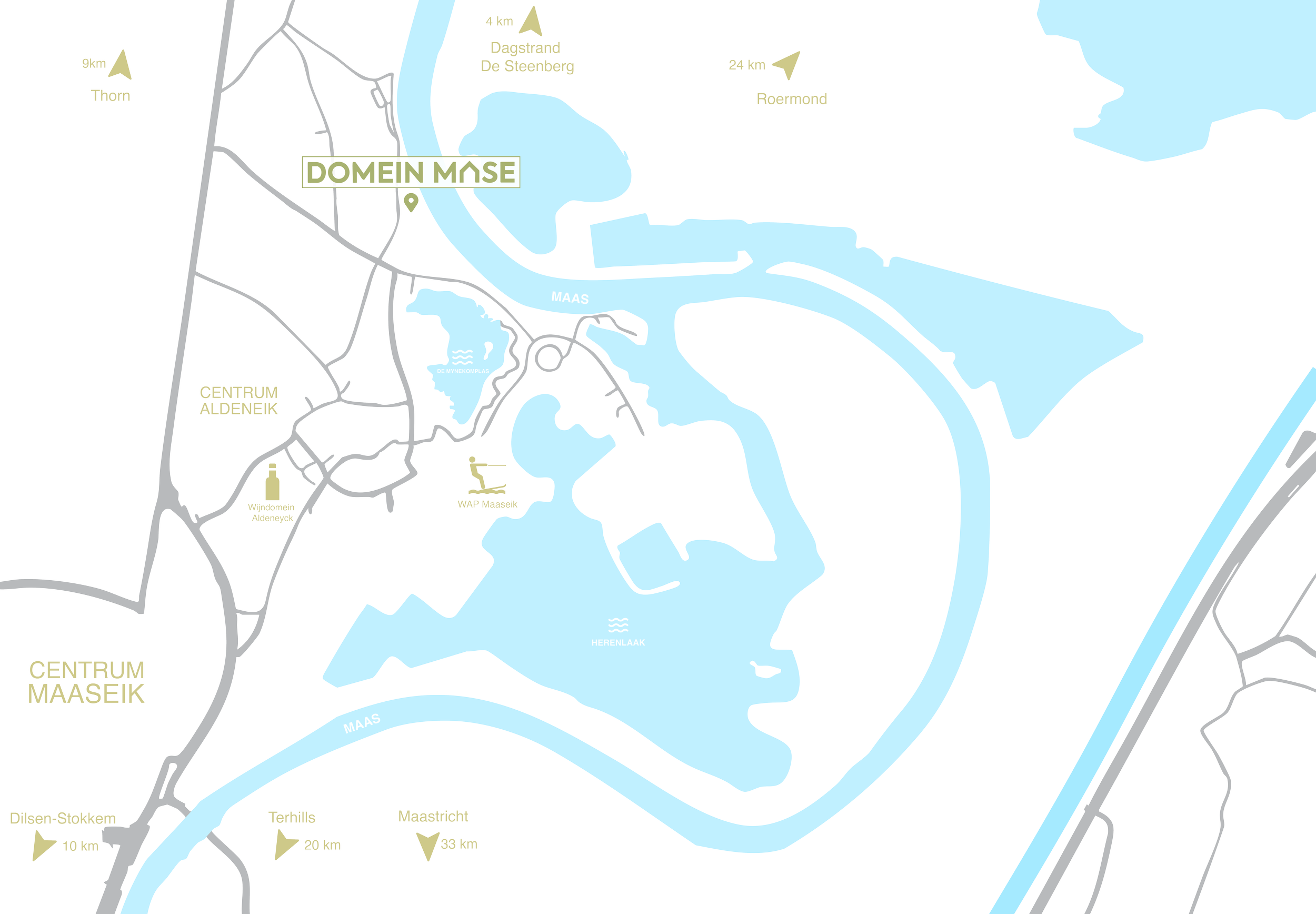 Domien Mase, Herenlaak, centrum Maasiek, centrum Aldeneik, en de omgeving rondom de Maas.