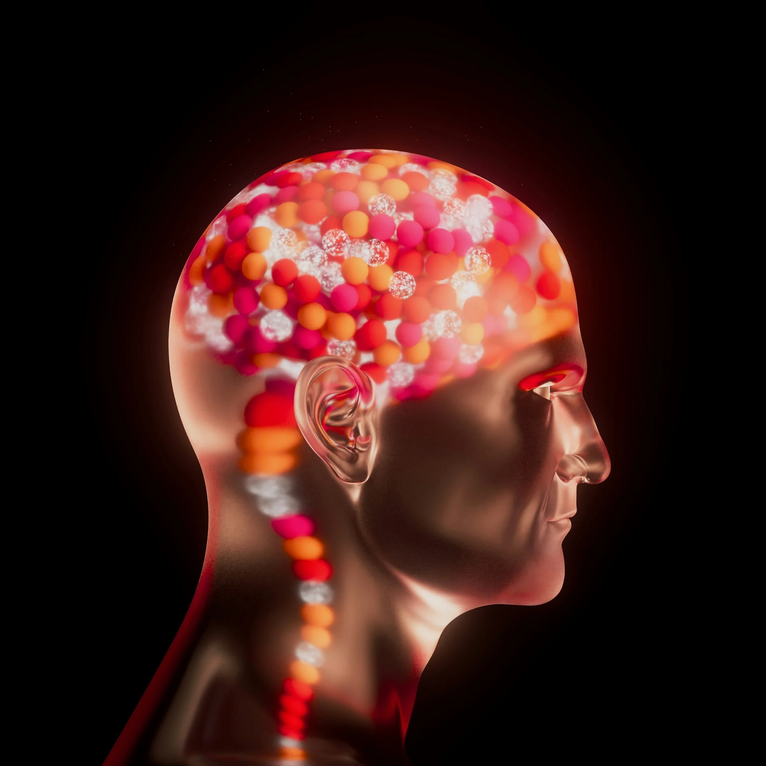 Digital illustration of a human head in profile with a glowing, colorful brain composed of pink, orange, and white spheres against a black background.
