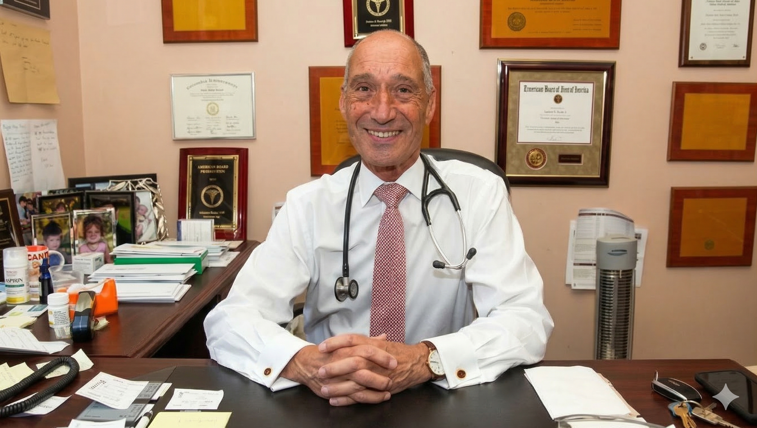 A smiling doctor sitting at his desk in an office, wearing a white coat and stethoscope, surrounded by framed certificates and photographs.