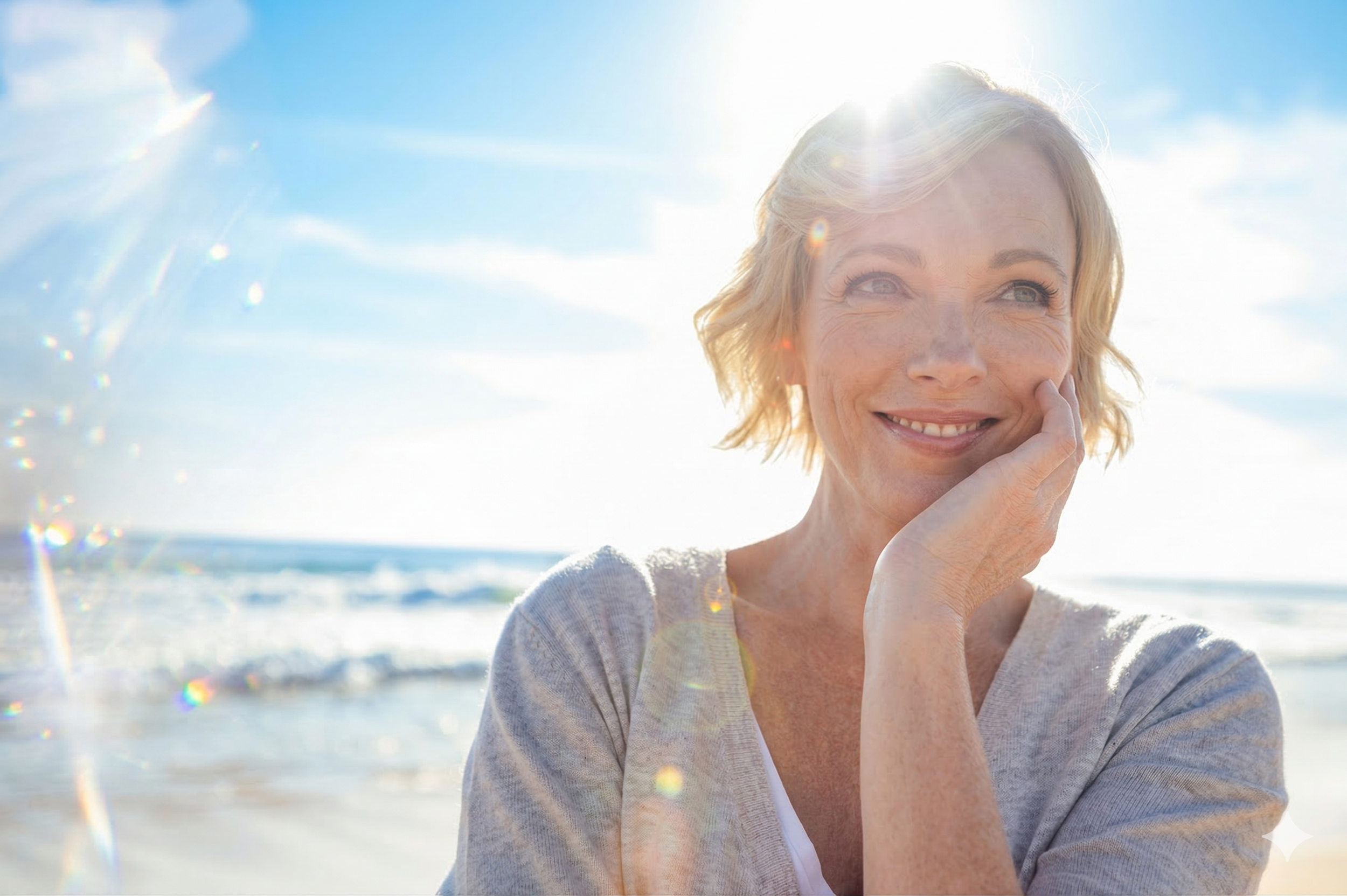 A woman with short blonde hair smiling at the beach with the sun behind her, wearing a light-colored top.