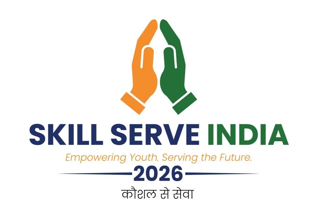 Logo for Skill Serve India 2026 featuring two hands, one orange and one green, joined together above the text. Caption reads 'Empowering Youth. Serving the Future.' in orange. The event title and year in bold blue and green text, with Hindi text below.
