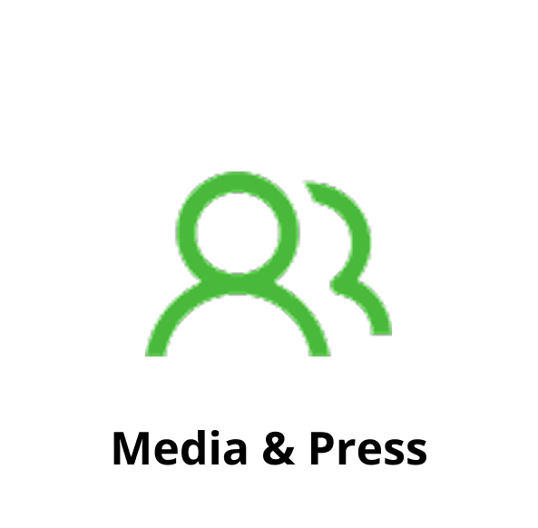 Green icon of a person with two speech bubbles, representing media and press